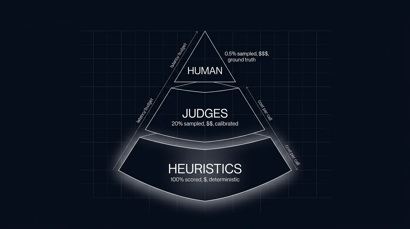 Editorial figure on a black background showing a three-tier pyramid in thin white outlines. Top tier (smallest) HUMAN with annotation 0.5% sampled, ground truth. Middle JUDGES with annotation 20% sampled, calibrated. Bottom (widest) HEURISTICS with annotation 100% scored, deterministic. Tiny side labels noting latency budget decreasing top to bottom and cost per call increasing top to bottom. The bottom tier has a soft white halo glow.