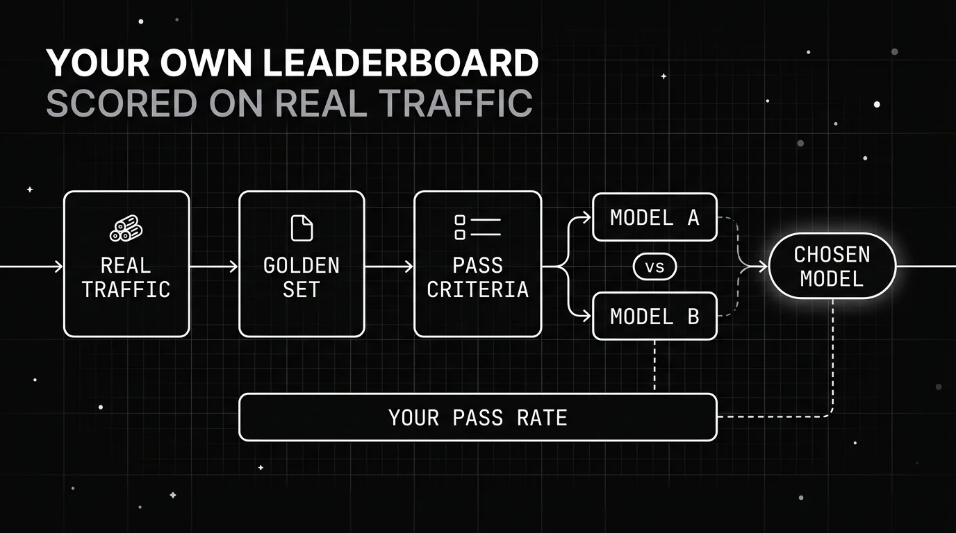 Monochrome blueprint loop of a private evaluation leaderboard: real traffic to golden set to per-task pass criteria to head-to-head model scoring to a chosen model.