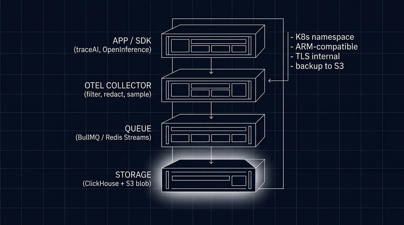 Editorial figure on a black background showing a vertical four-tier server stack diagram with arrows showing data flow: top APP / SDK (traceAI, OpenInference) feeding into OTEL COLLECTOR (filter, redact, sample) feeding into QUEUE (BullMQ / Redis Streams) feeding into bottom STORAGE (ClickHouse + S3 blob). Each tier shows a small thin rectangle with internal sub-boxes. To the right, an annotated note column lists K8s namespace, ARM-compatible, TLS internal, backup to S3. The bottom STORAGE tier has a soft white halo glow.