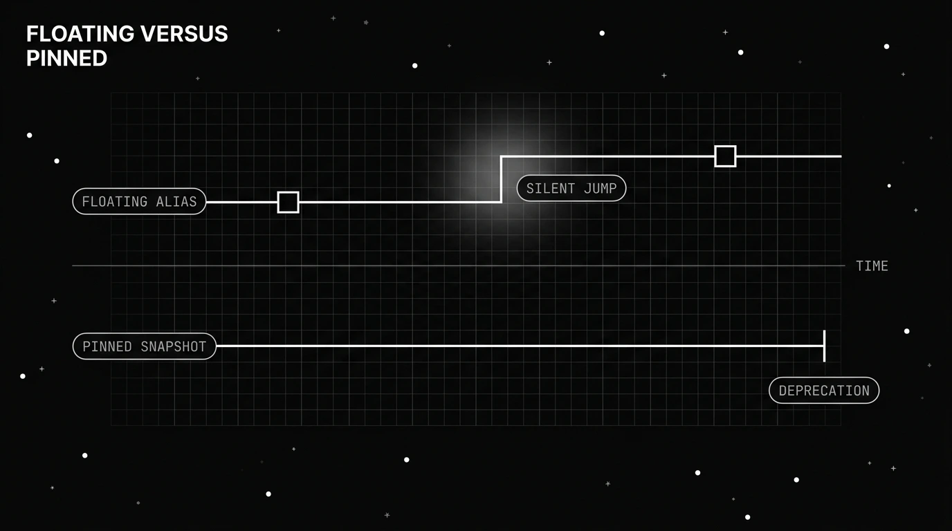 Monochrome timeline contrasting a floating model alias that silently jumps to a new version against a pinned snapshot that holds steady until a marked deprecation deadline.