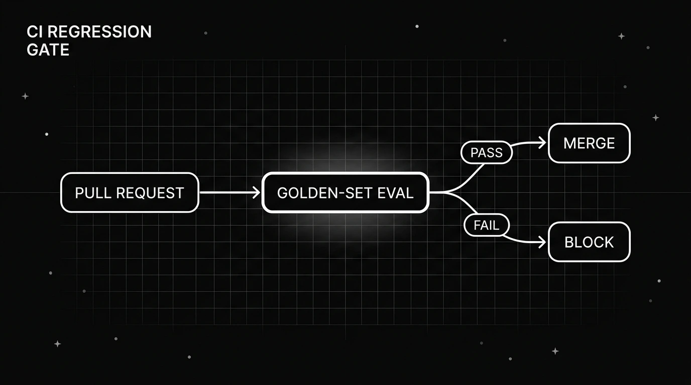 Monochrome flow diagram of a CI regression gate: a pull request runs the golden-set eval, a passing score merges and a failing score blocks the merge.
