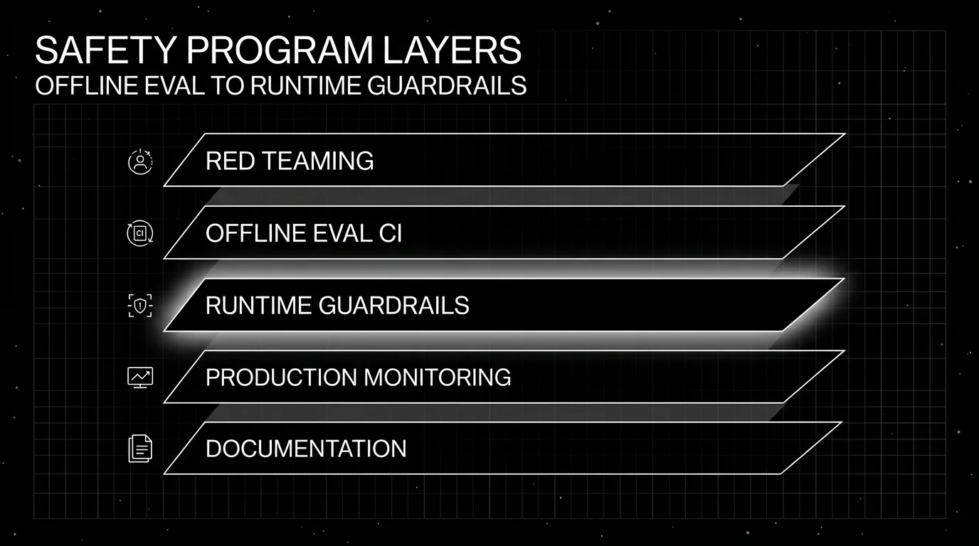 Editorial diagram on a black starfield background titled SAFETY PROGRAM LAYERS with subhead OFFLINE EVAL TO RUNTIME GUARDRAILS. Five horizontal wireframe layers stacked vertically (top to bottom): RED TEAMING, OFFLINE EVAL CI, RUNTIME GUARDRAILS, PRODUCTION MONITORING, DOCUMENTATION. The middle RUNTIME GUARDRAILS layer has a focal soft white halo behind it. Pure white outlines.