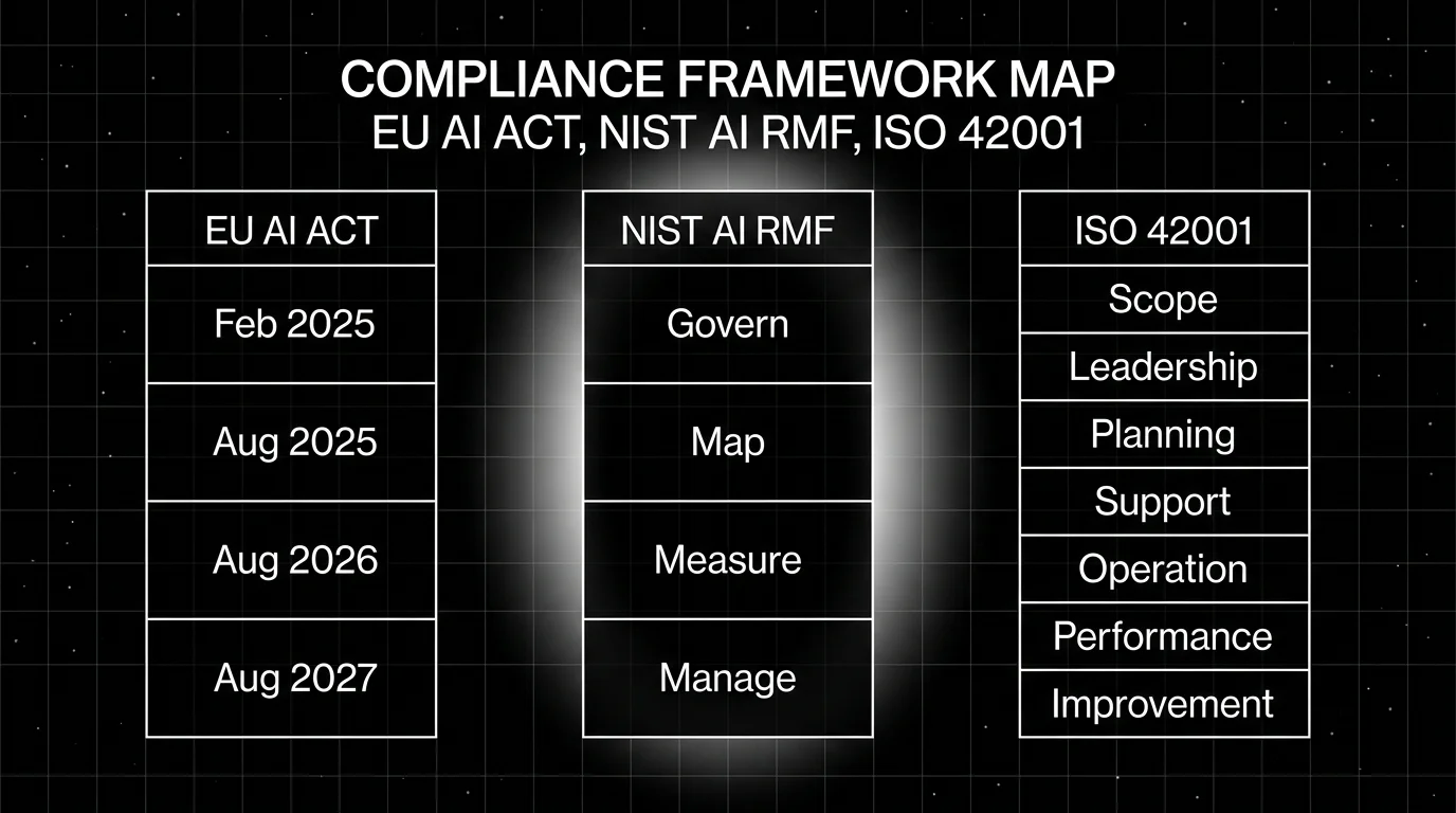 Editorial diagram on a black starfield background titled COMPLIANCE FRAMEWORK MAP with subhead EU AI ACT, NIST AI RMF, ISO 42001. Three vertical wireframe columns side by side: EU AI ACT with phased timeline labels (Feb 2025, Aug 2025, Aug 2026, Aug 2027); NIST AI RMF with four function labels (Govern, Map, Measure, Manage); ISO 42001 with seven clause labels (Scope, Leadership, Planning, Support, Operation, Performance, Improvement). Soft white halo behind the central NIST AI RMF column. Pure white outlines.