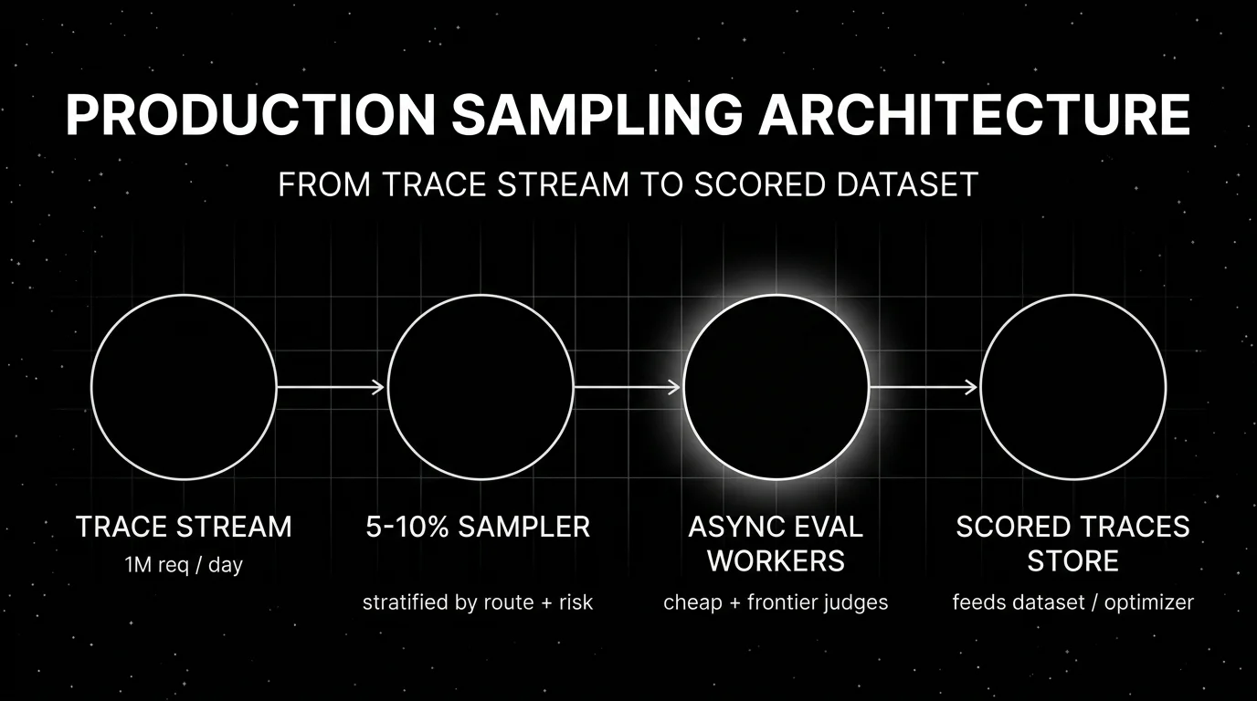 Editorial horizontal four-node flow showing a production LLM sampling architecture: trace stream at 1M req/day flows into a 5-10 percent stratified sampler, then into a glowing async eval workers node running cheap and frontier judges, then into a scored traces store that feeds the dataset and prompt optimizer.