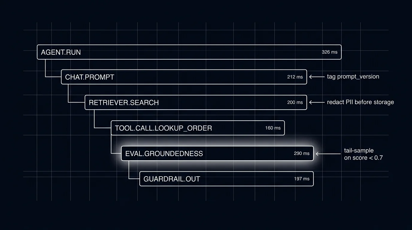 Editorial figure on a black background showing a horizontal trace timeline with six nested span bars labeled AGENT.RUN, CHAT.PROMPT, RETRIEVER.SEARCH, TOOL.CALL.LOOKUP_ORDER, EVAL.GROUNDEDNESS, GUARDRAIL.OUT, with millisecond duration labels at the right end. Three thin annotation arrows point inward labeled tag prompt_version, redact PII before storage, tail-sample on score below 0.7. The EVAL.GROUNDEDNESS span has a soft white halo glow.