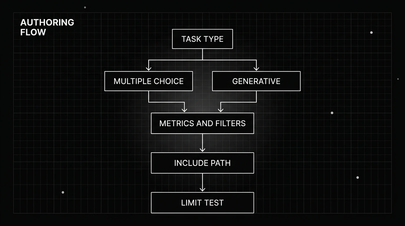 Flowchart: pick multiple choice or generative, set output type, configure metrics and filters, then load with include_path.
