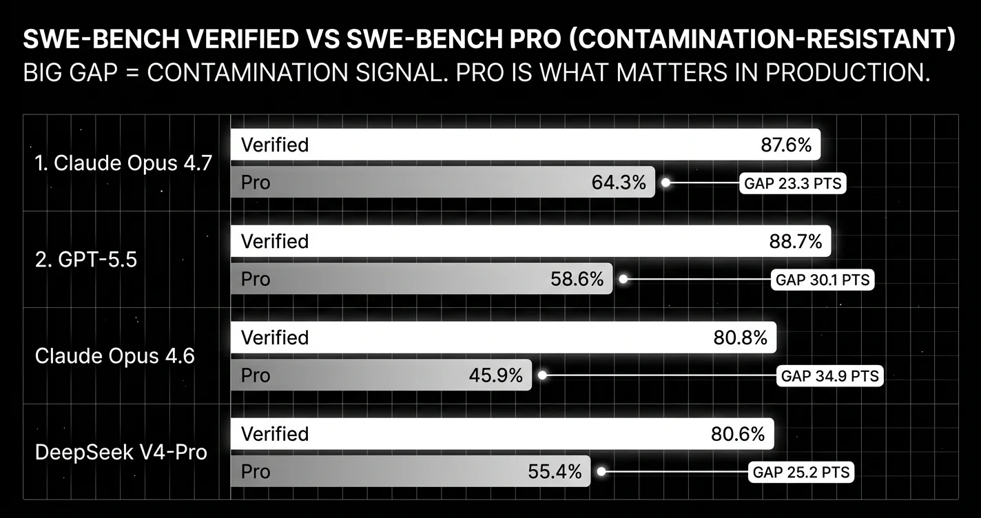 SWE-bench Verified vs SWE-bench Pro contamination gap, April 2026.