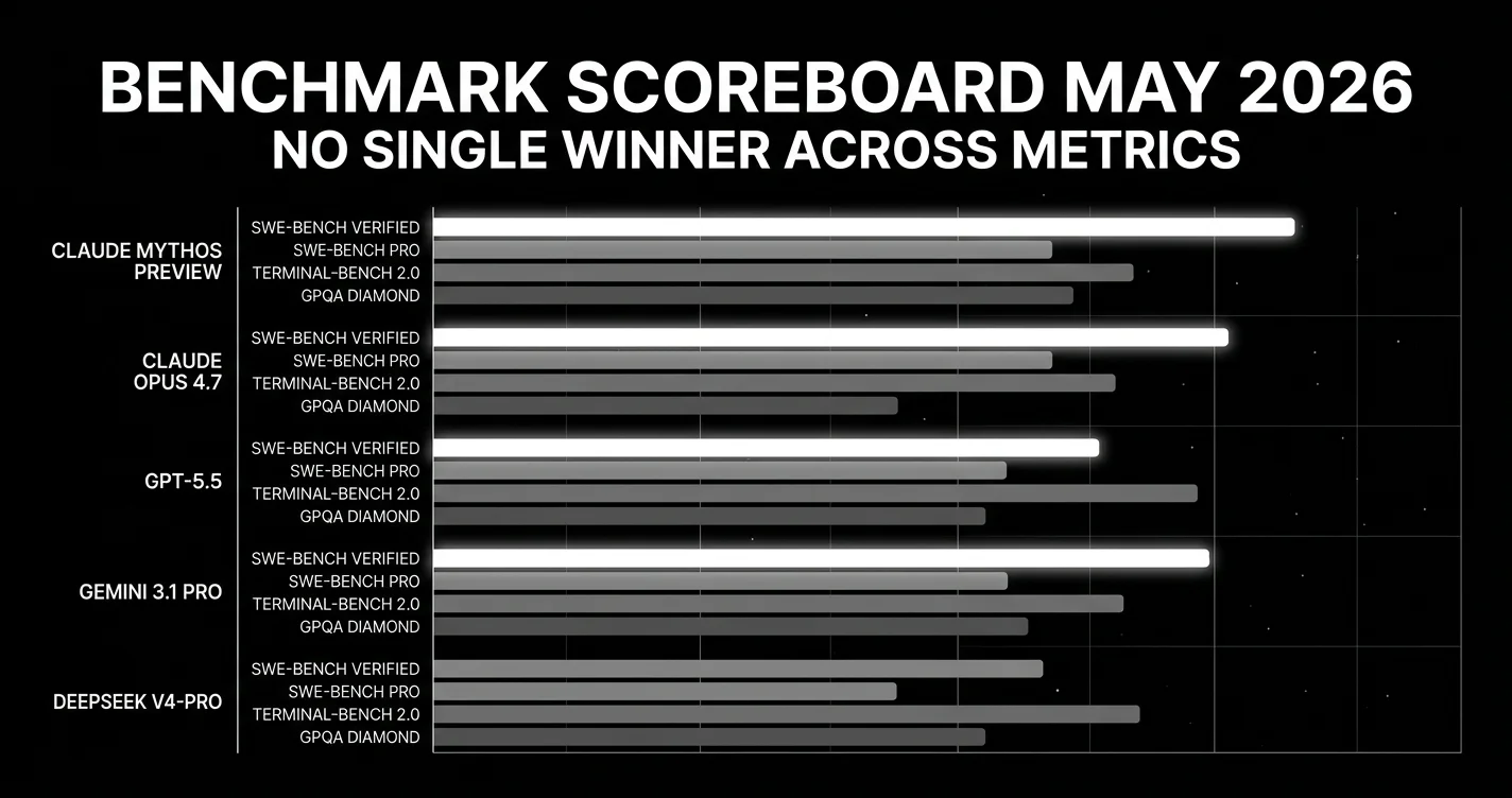 Benchmark scoreboard May 2026: Claude Mythos Preview leads SWE-bench Verified at 93.9%, Claude Opus 4.7 leads GA at 87.6%, GPT-5.5 leads Terminal-Bench 2.0 at 82.7%, Gemini 3.1 Pro leads GPQA Diamond at 94.3%, DeepSeek V4-Pro leads cost-adjusted picks at 80.6% Verified.