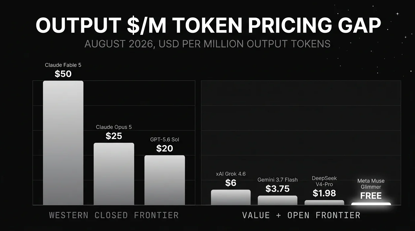 Output price per million tokens for August 2026: closed frontier bars for Claude Fable 5 at $50, Claude Opus 5 at $25, and GPT-5.6 Sol at $20 tower over a value group where xAI Grok 4.6 sits at $6, Gemini 3.7 Flash at $3.75, DeepSeek V4-Pro at $1.98, and Meta Muse Glimmer free on open weights, with the free Muse Glimmer bar highlighted bright white.