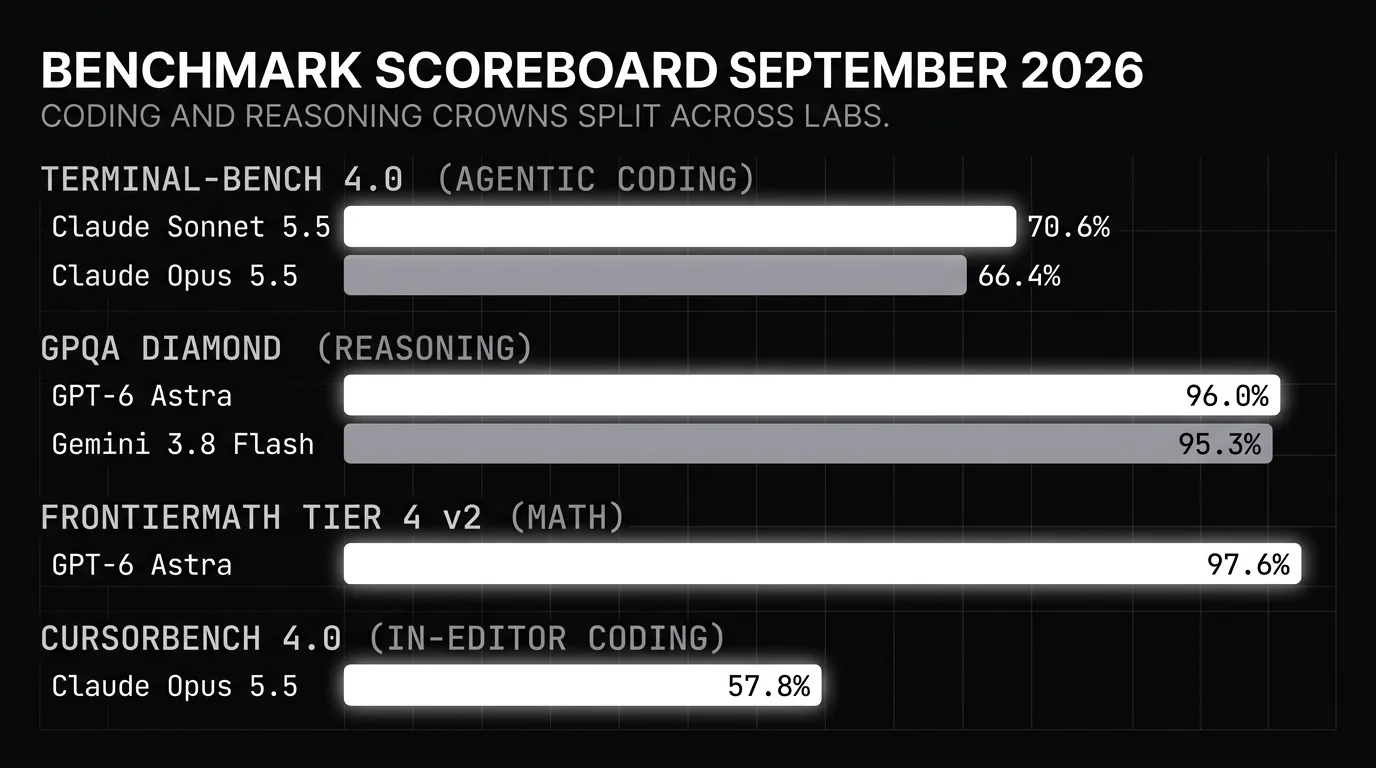 Benchmark scoreboard for September 2026 showing GPT-6 Astra leading GPQA Diamond at 96.0% and Gemini 3.8 Flash at 95.3%, alongside Terminal-Bench 4.0 coding scores where Claude Sonnet 5.5 reaches 70.6% and Claude Opus 5.5 66.4%, drawn as white horizontal bars on black with the Astra bar brightest.