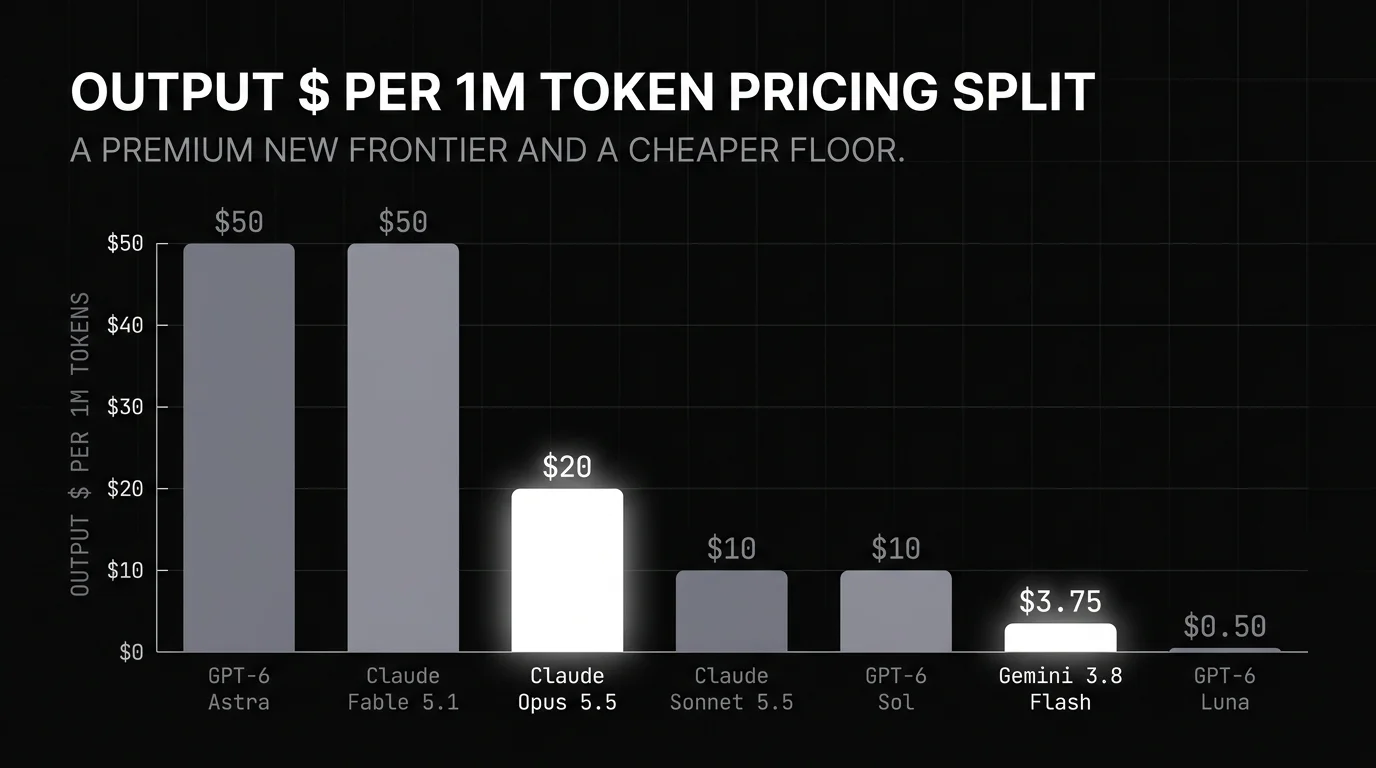 Output price per million tokens for September 2026: GPT-6 Astra towers at $50 and Claude Fable 5.1 at $50 in gray, while Claude Opus 5.5 sits lower at $20 and Gemini 3.8 Flash at $3.75 highlighted bright white, with GPT-6 Luna the shortest bar at $0.50, showing the frontier splitting on price.