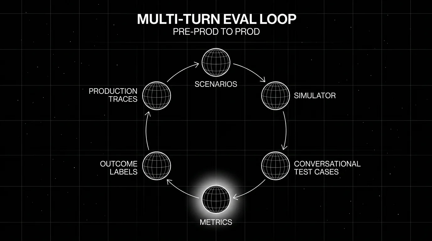 Editorial diagram on a black starfield background titled MULTI-TURN EVAL LOOP with subhead PRE-PROD TO PROD. Six wireframe nodes arranged as a clockwise ring: SCENARIOS, SIMULATOR, CONVERSATIONAL TEST CASES, METRICS, OUTCOME LABELS, PRODUCTION TRACES. Curved lines connect each node clockwise. A focal white halo behind the METRICS node, drawn in pure white outlines.