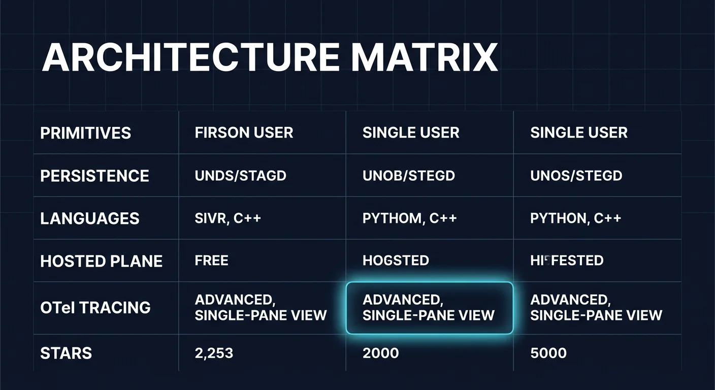 Side-by-side architecture matrix for OpenInference, OpenLLMetry, and OpenLIT across language coverage, integration count, vector DB depth, semantic-convention status, GPU monitoring, evals, and Fleet Hub; the OTel collector central column shows three instrumentation lines feeding in with a focal cyan halo on the collector representing the vendor-neutral target.