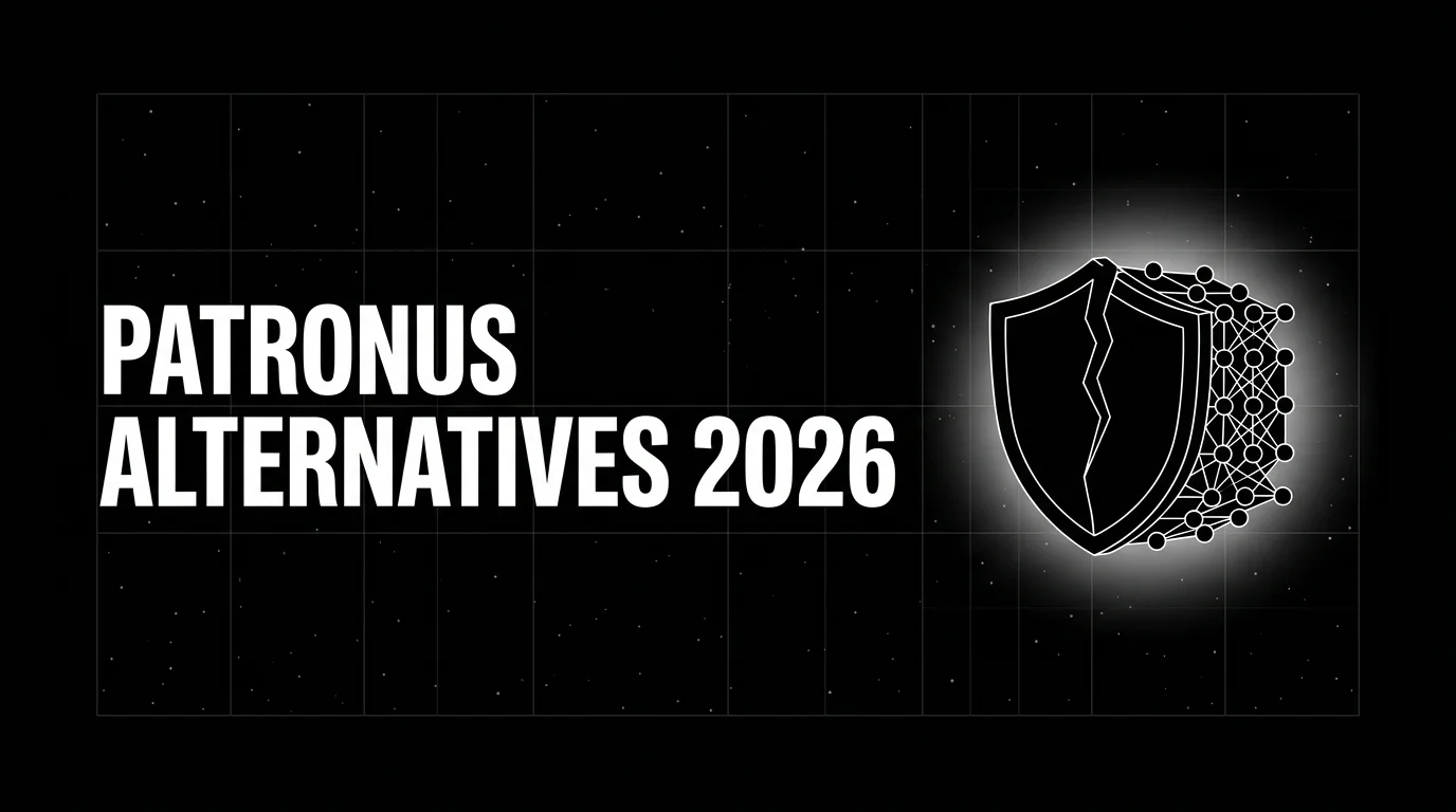 Editorial cover image on a pure black starfield background with faint white grid. Bold all-caps white headline PATRONUS ALTERNATIVES 2026 fills the left half. The right half shows a wireframe shield emblem cracking open into a wider stack of agent eval modules, with a soft white halo behind the agent layer, drawn in pure white outlines.