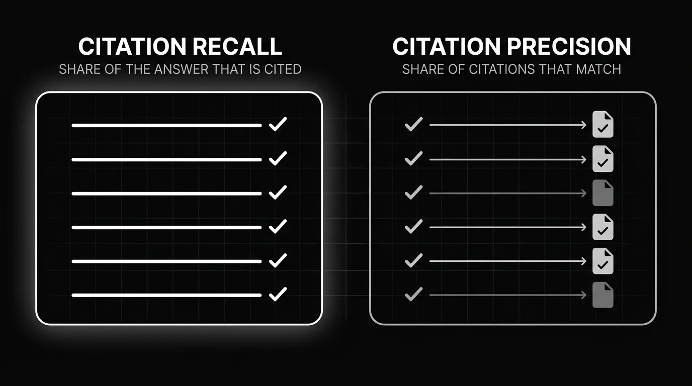 Perplexity AI review figure contrasting citation recall, the share of the answer that is cited, with citation precision, the share of citations that actually match their page
