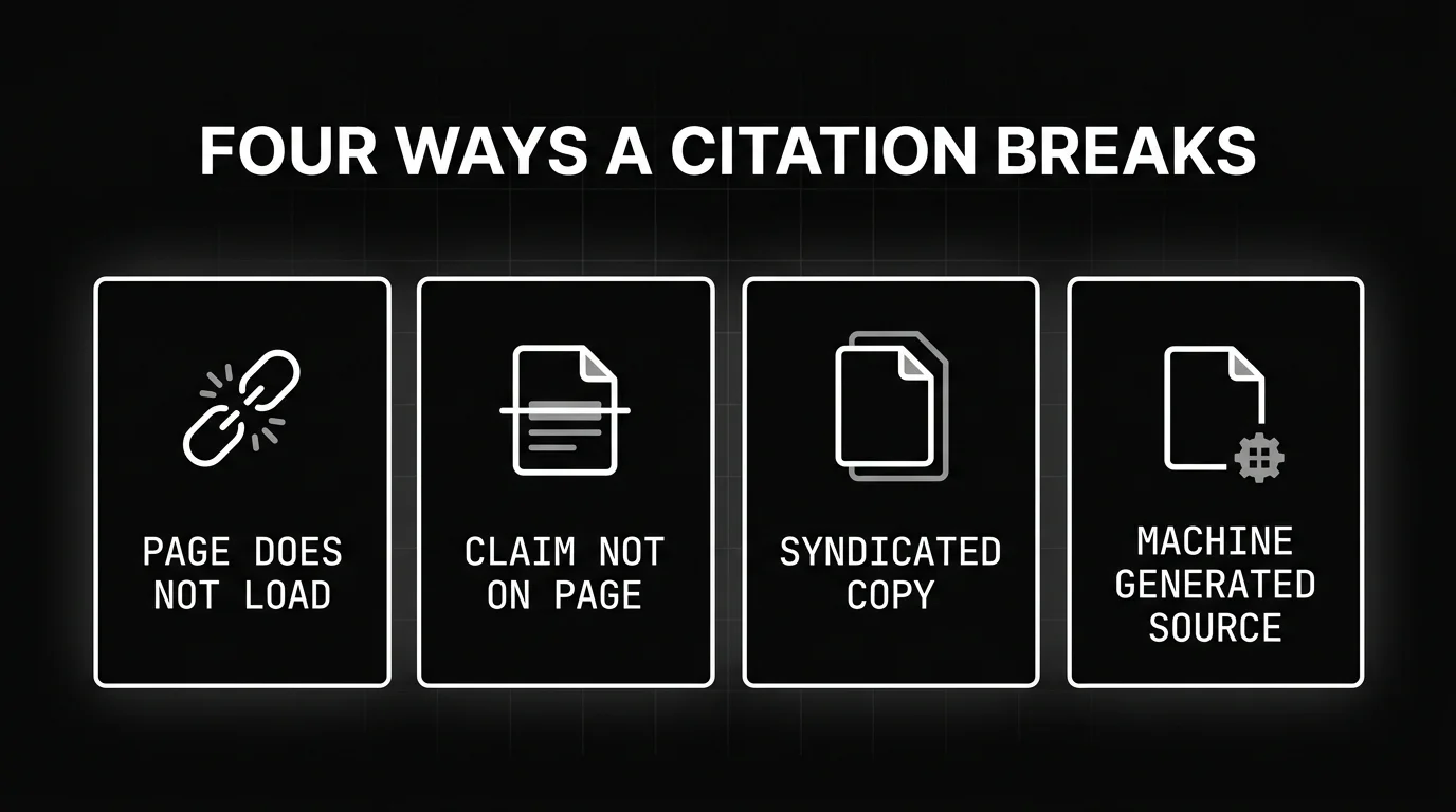 Four failure modes for a citation: page does not load, claim not on page, syndicated copy instead of the original, and a low quality or machine generated source