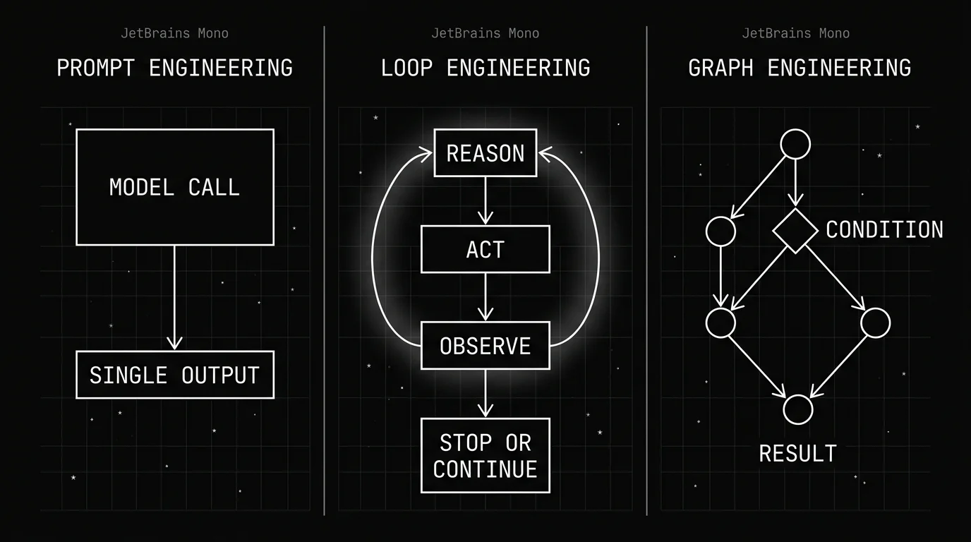 Three-column diagram comparing prompt engineering, loop engineering, and graph engineering: a single model call and output, a reason-act-observe cycle, and a branching multi-node graph with a conditional split.