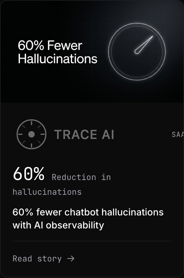 A single real customer card from /customers/, industry chip, one-line outcome, headline metric, link to the long-form study.