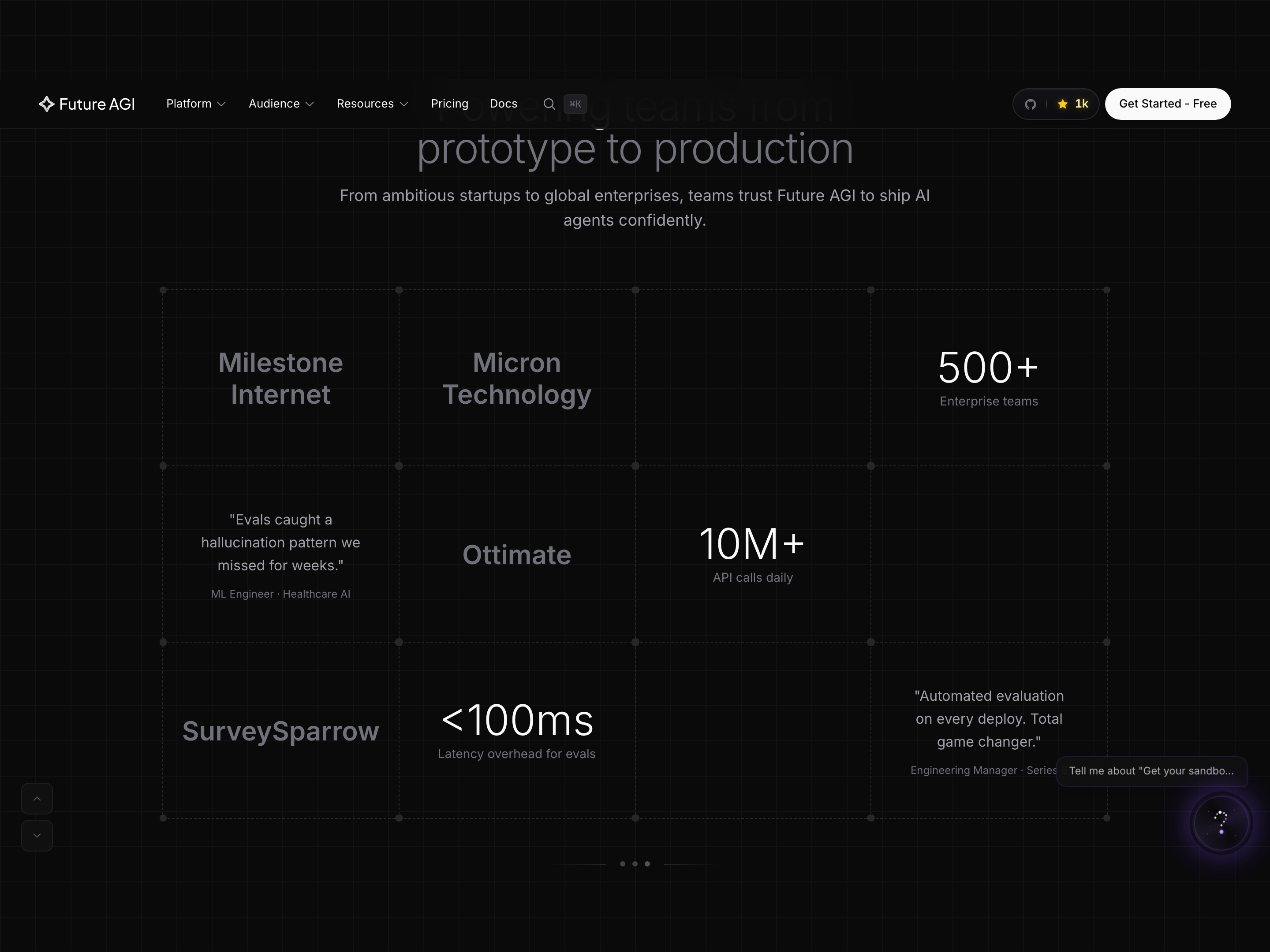 The three-product reveal below the hero, Trace, Evaluate, Guard, each with a one-line value prop and a screenshot of the product surface.