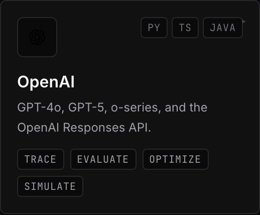 A single integration tile, OpenAI logo, name, supported languages.
