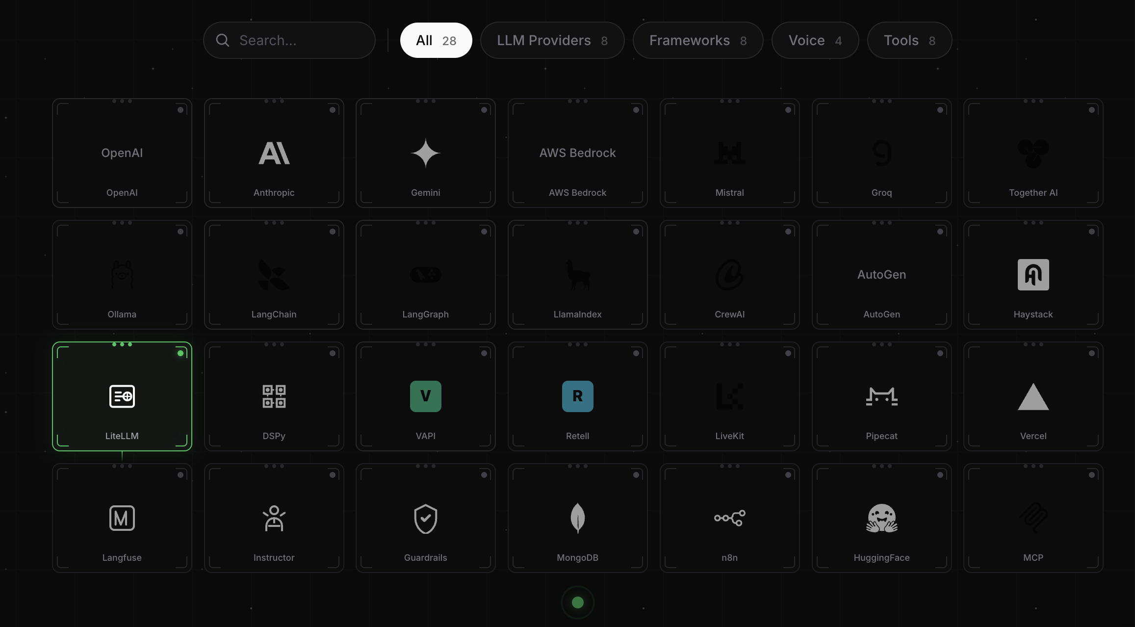 Same grid with category tabs engaged, "All 28 / LLM Providers 8 / Frameworks 8 / Voice 4 / Tools 8" along the top, and the LiteLLM card lit with a green active-state border + status dot. Tiles below cover OpenAI, Anthropic, Gemini, AWS Bedrock, Mistral, Groq, Together AI, Ollama, LangChain, LangGraph, LlamaIndex, CrewAI, AutoGen, Haystack, DSPy, vAPI, Retell, LiveKit, Pipecat, Vercel, Langfuse, Instructor, Guardrails, MongoDB, n8n, HuggingFace, MCP.