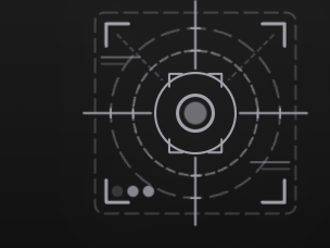 Evaluate, a viewfinder frame around a crosshair-targeted center dot, with two concentric dashed rings. Animations: ring-rotate + ring-rotate-reverse + crosshair-pulse + target-ping.
