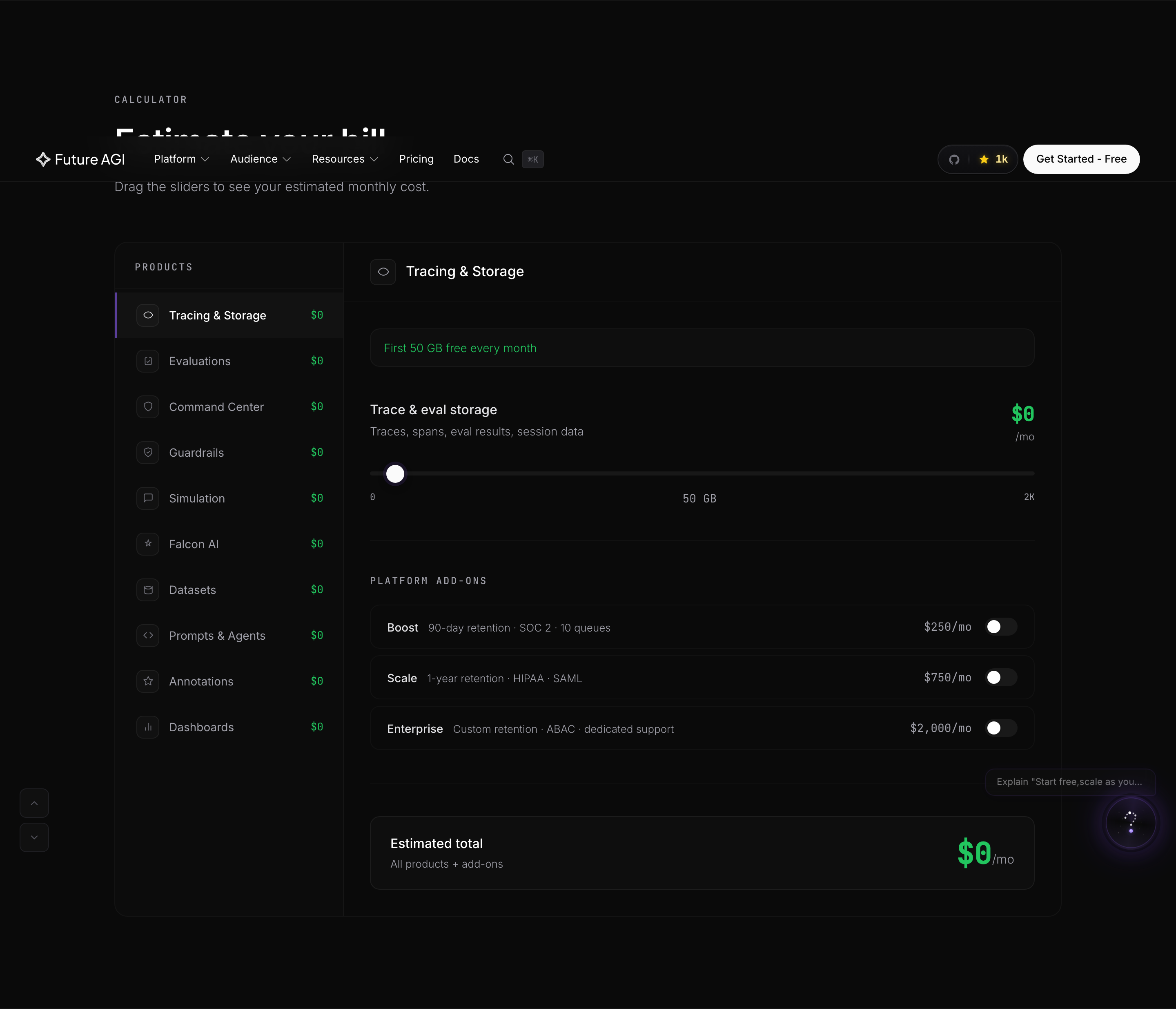 Real pricing calculator on /pricing/, six sliders (Tracing GB, AI Credits, Gateway requests, Cache hits, Text Sim tokens, Voice Sim minutes), live total recomputing on every drag.