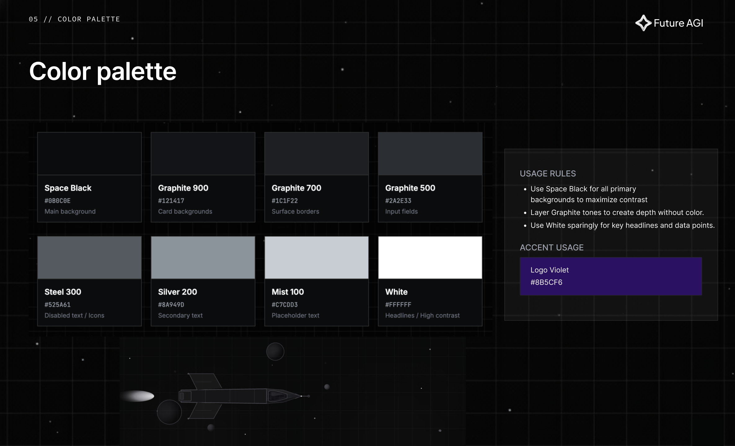 Brand palette specimen, eight named swatches: Space Black (#0B0C0E, main background), Graphite 900 (#121417, card backgrounds), Graphite 700 (#1C1F22, surface borders), Graphite 500 (#2A2E33, input fields), Steel 300 (#525A61, disabled text/icons), Silver 200 (#8A949D, secondary text), Mist 100 (#C7CDD3, placeholder text), and White (#FFFFFF, headlines / high contrast). The accent, Logo Violet #8B5CF6, appears as a single chip on the right.