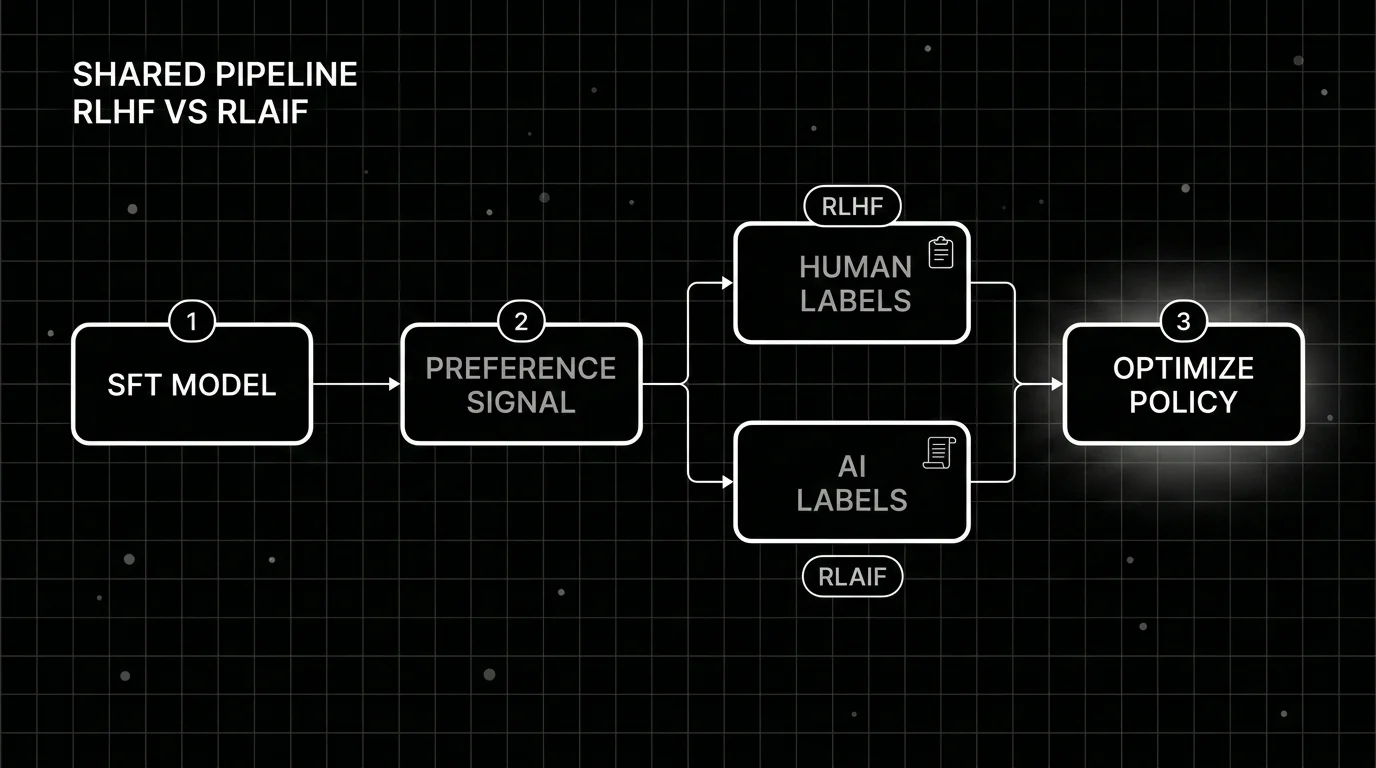 Monochrome blueprint diagram of the shared alignment pipeline where RLHF and RLAIF branch only at the preference-labeling step before rejoining a common reward model and policy optimizer.