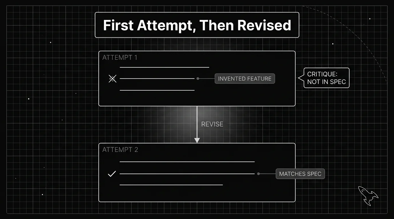 Blueprint before and after diagram of a self-correcting agent loop: a first attempt product description with an invented feature flagged by a critique step, then a revised second attempt that keeps only the facts from the source spec