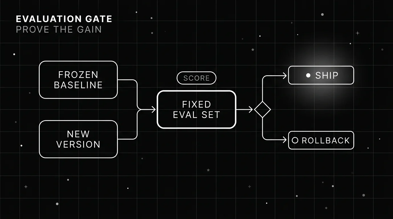 Monochrome blueprint of an evaluation gate: a frozen baseline and a new agent version are scored on the same fixed set, then the version ships on a pass or rolls back on a regression.