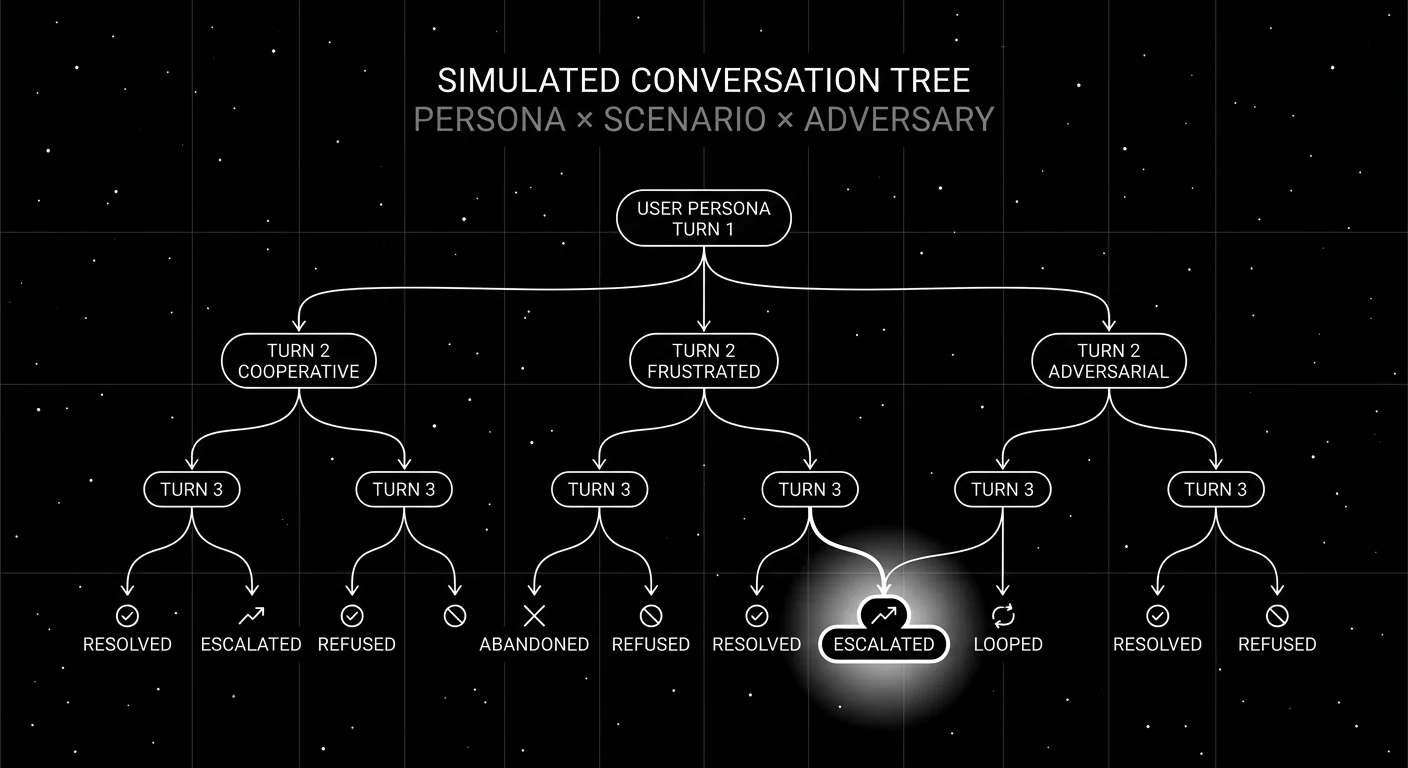 Editorial diagram on a black starfield background titled SIMULATED CONVERSATION TREE with subhead PERSONA × SCENARIO × ADVERSARY. A downward-branching wireframe conversation tree starting from one root node USER PERSONA TURN 1, branching to three TURN 2 nodes (cooperative, frustrated, adversarial), each branching to two TURN 3 nodes, ending in eight leaf nodes labeled with outcomes (RESOLVED, ESCALATED, ABANDONED, REFUSED, RESOLVED, LOOPED, RESOLVED, REFUSED). One specific outcome leaf in the center-right (ESCALATED) is highlighted with a thicker outline and a soft white radial halo behind it as the focal element. Pure white outlines on pure black with faint grid background.