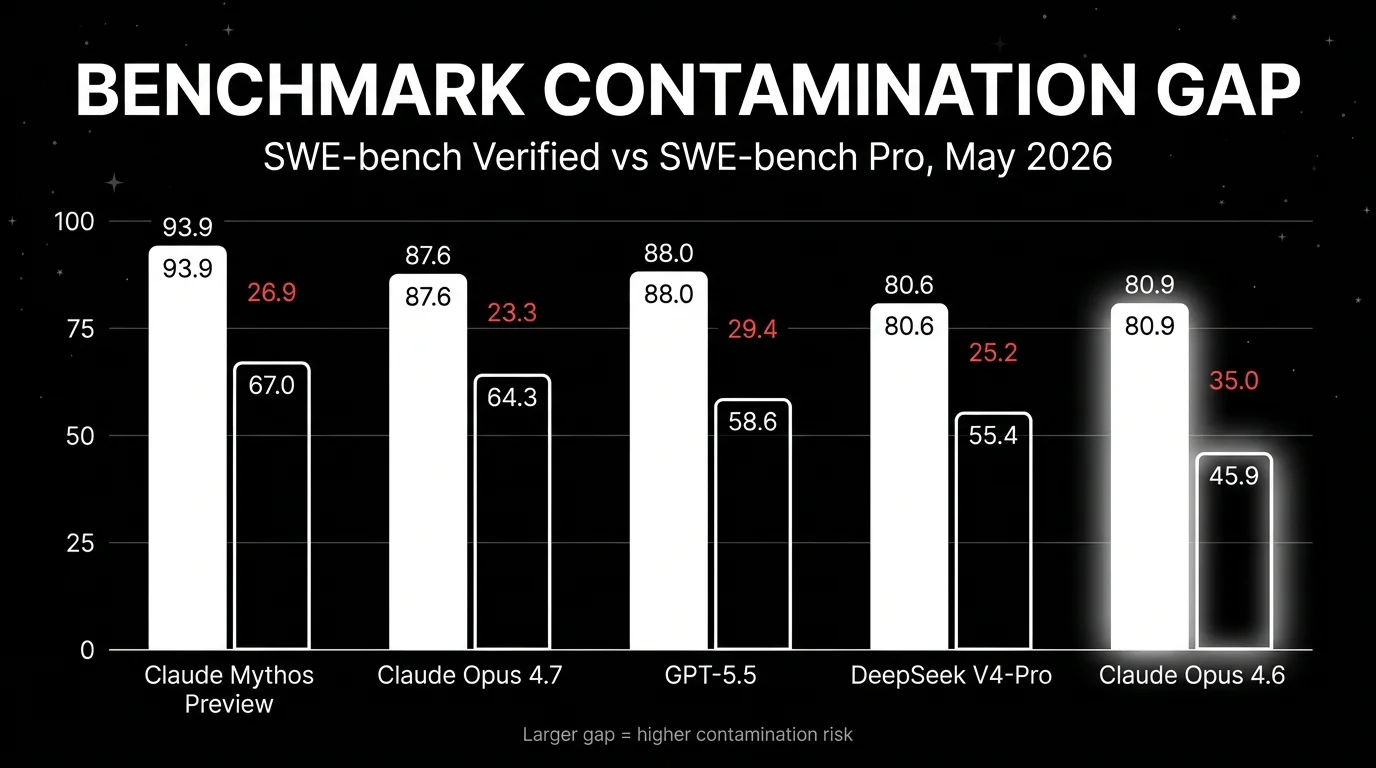 Editorial paired-bar contamination chart comparing SWE-bench Verified and SWE-bench Pro scores for five frontier LLMs in May 2026, with the gap delta in red between each pair: Claude Mythos Preview 93.9 vs 67.0 (gap 26.9), Claude Opus 4.7 87.6 vs 64.3 (gap 23.3), GPT-5.5 88.0 vs 58.6 (gap 29.4), DeepSeek V4-Pro 80.6 vs 55.4 (gap 25.2), and Claude Opus 4.6 with the largest 80.9 vs 45.9 (gap 35.0) highlighted by a focal white glow. Footer: larger gap indicates higher contamination risk.