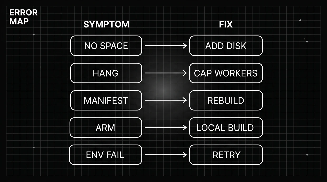 A two-column map pairing five SWE-bench symptoms, no space, hang, manifest, ARM, and env fail, each with its fix.