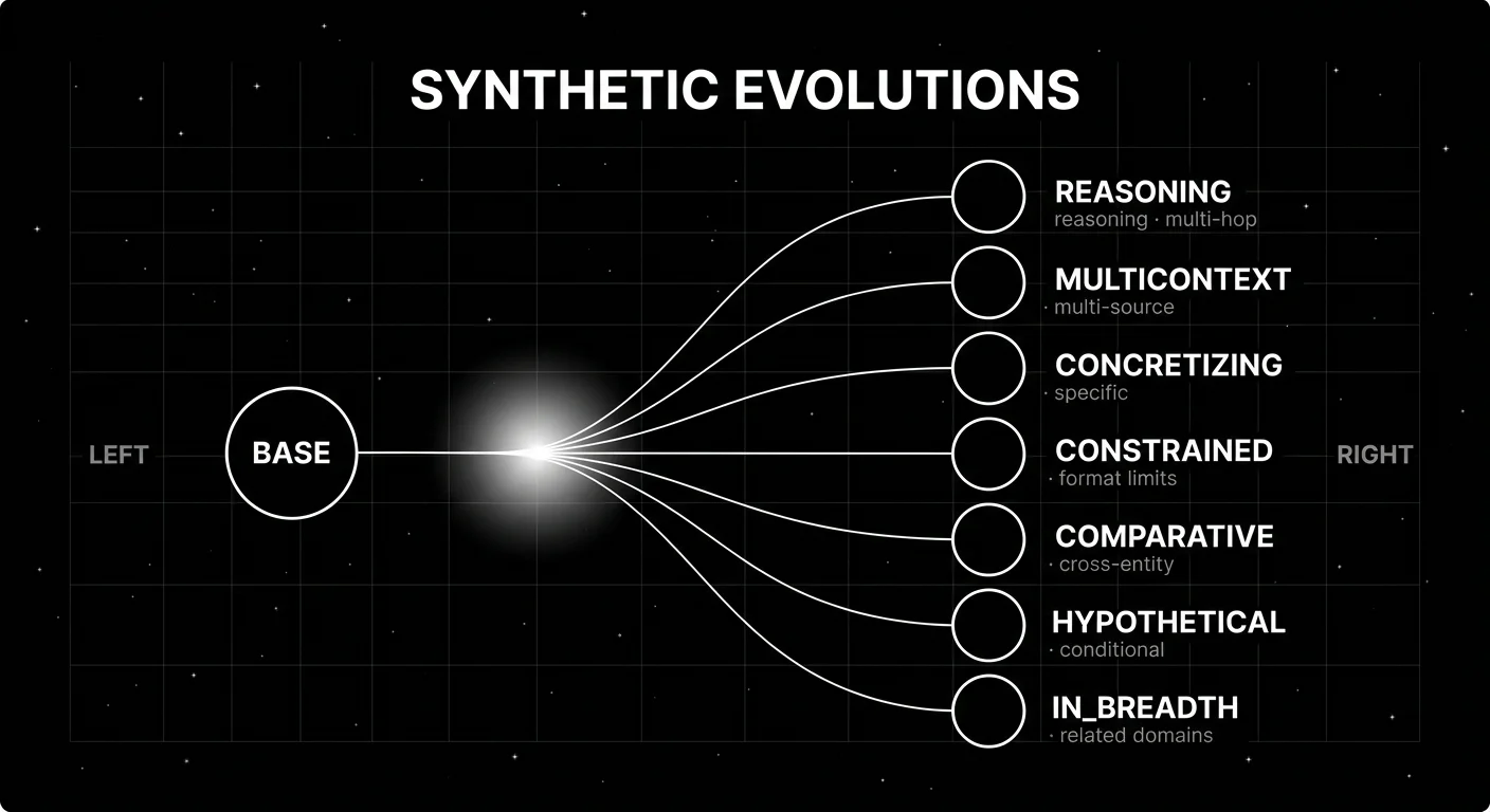 Editorial diagram on a black starfield background visualizing the synthetic test data pipeline as a tree: a single sphere on the left labeled SOURCE branches into 8 leaf nodes on the right, with the central splitting point glowing softly. The 8 leaves are labeled BASE, REASONING, MULTICONTEXT, CONCRETIZING, CONSTRAINED, COMPARATIVE, HYPOTHETICAL, IN_BREADTH. Above the tree, the headline SYNTHETIC EVOLUTIONS in white sans-serif. Drawn as pure white outlines on pure black with faint grid background.
