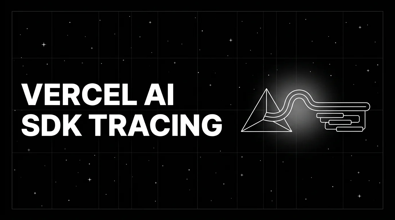 Editorial cover image on a pure black starfield background with faint white grid. Bold all-caps white headline VERCEL AI SDK TRACING fills the left half. The right half shows a wireframe stylized Next.js edge runtime triangle on the left with a thick wavy stream line flowing from it to the right that turns into a horizontal trace bar overlay with three nested spans below. Soft white halo glow on the wavy stream line.