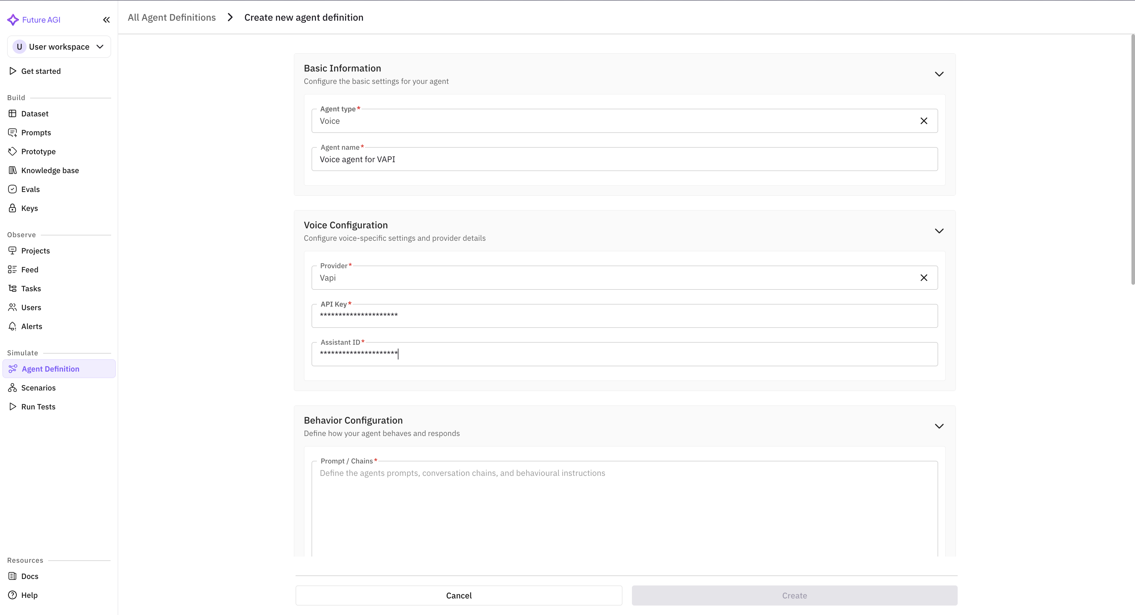 Agent Definition form with the Vapi API key, Assistant ID, and observability toggle filled in