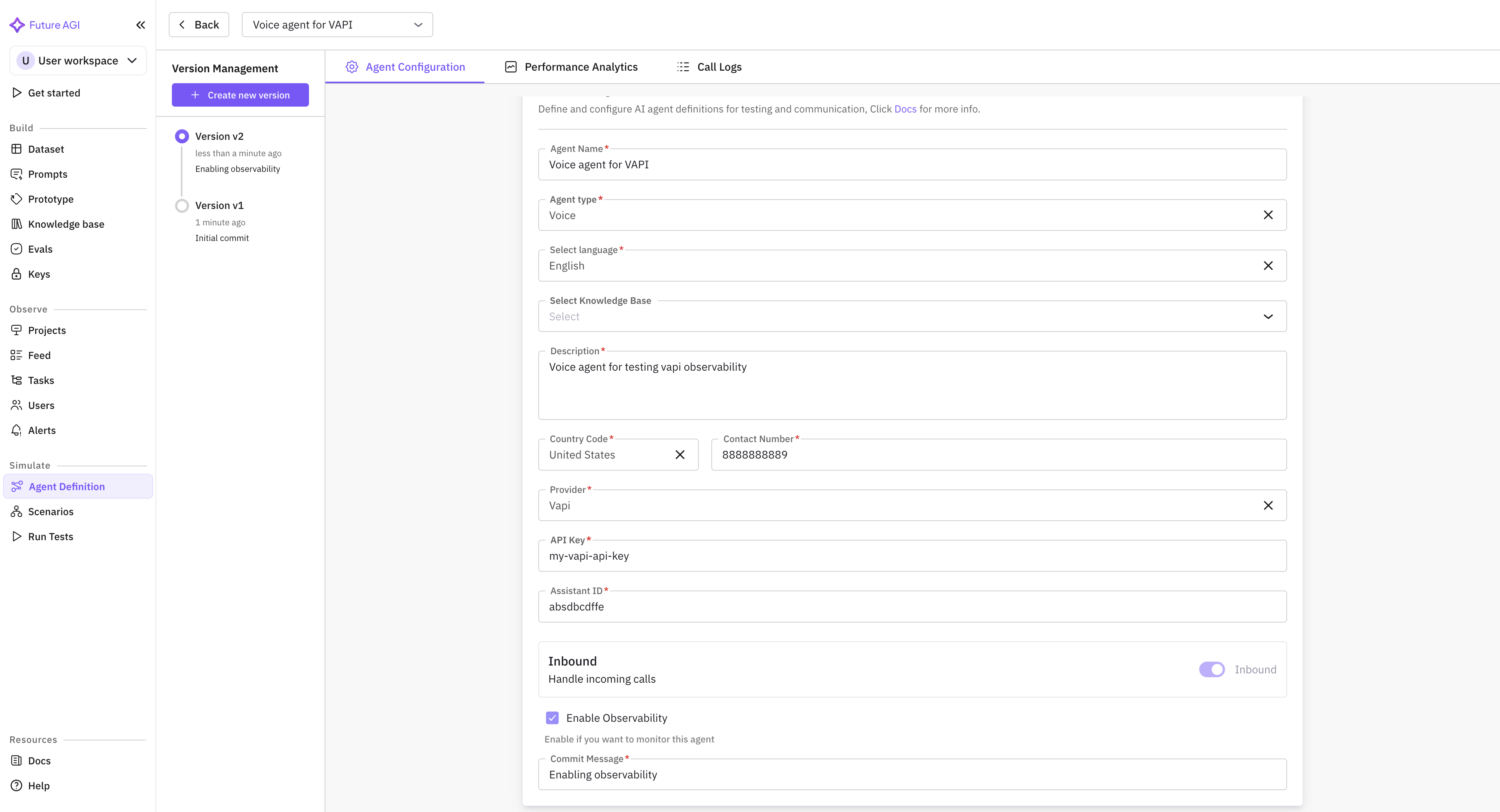 Agent Definition update view showing the observability toggle enabled and the agent provisioned