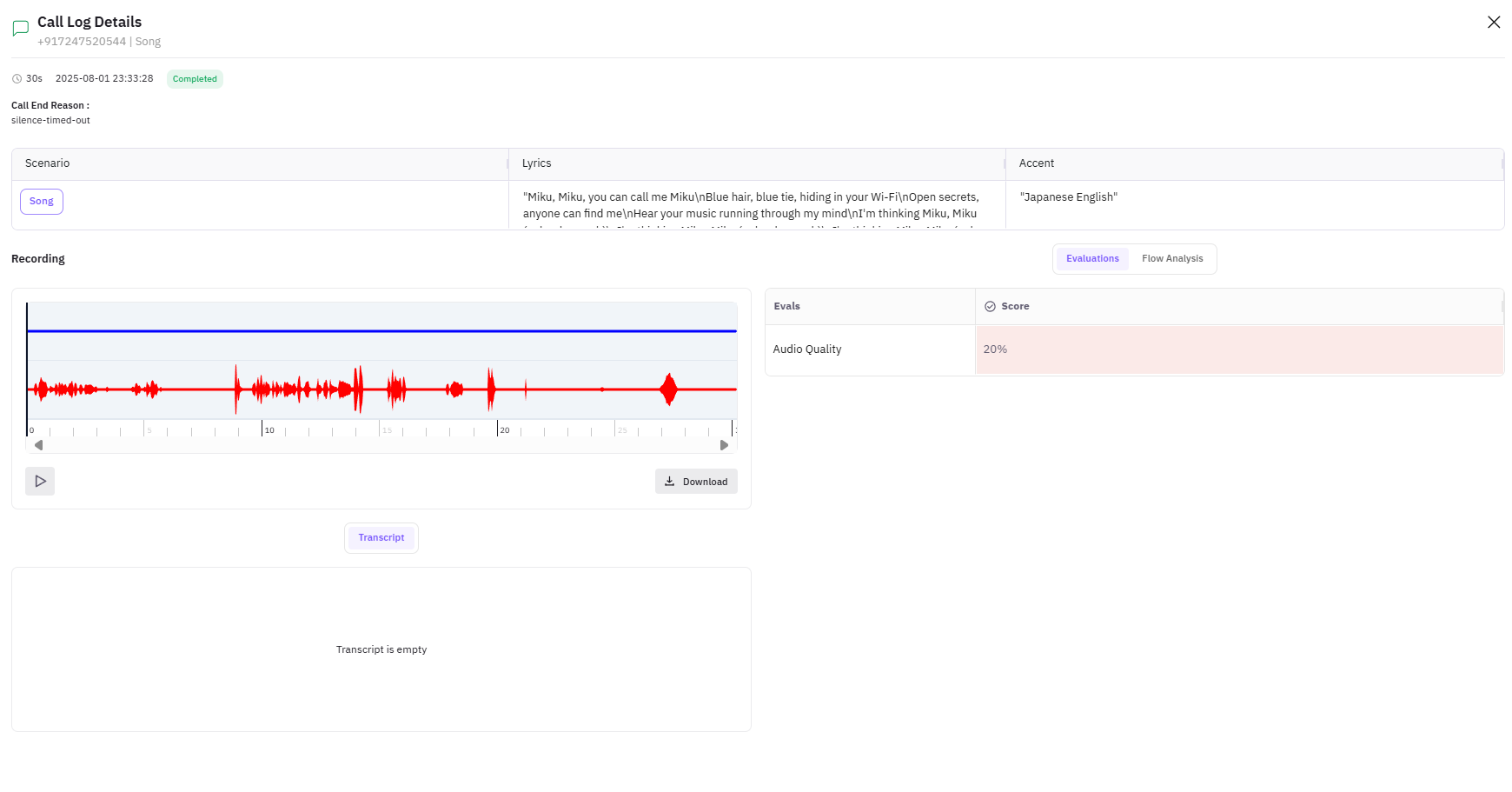 Per-call detail with eval scores per rubric, audio player, and transcript turns side by side