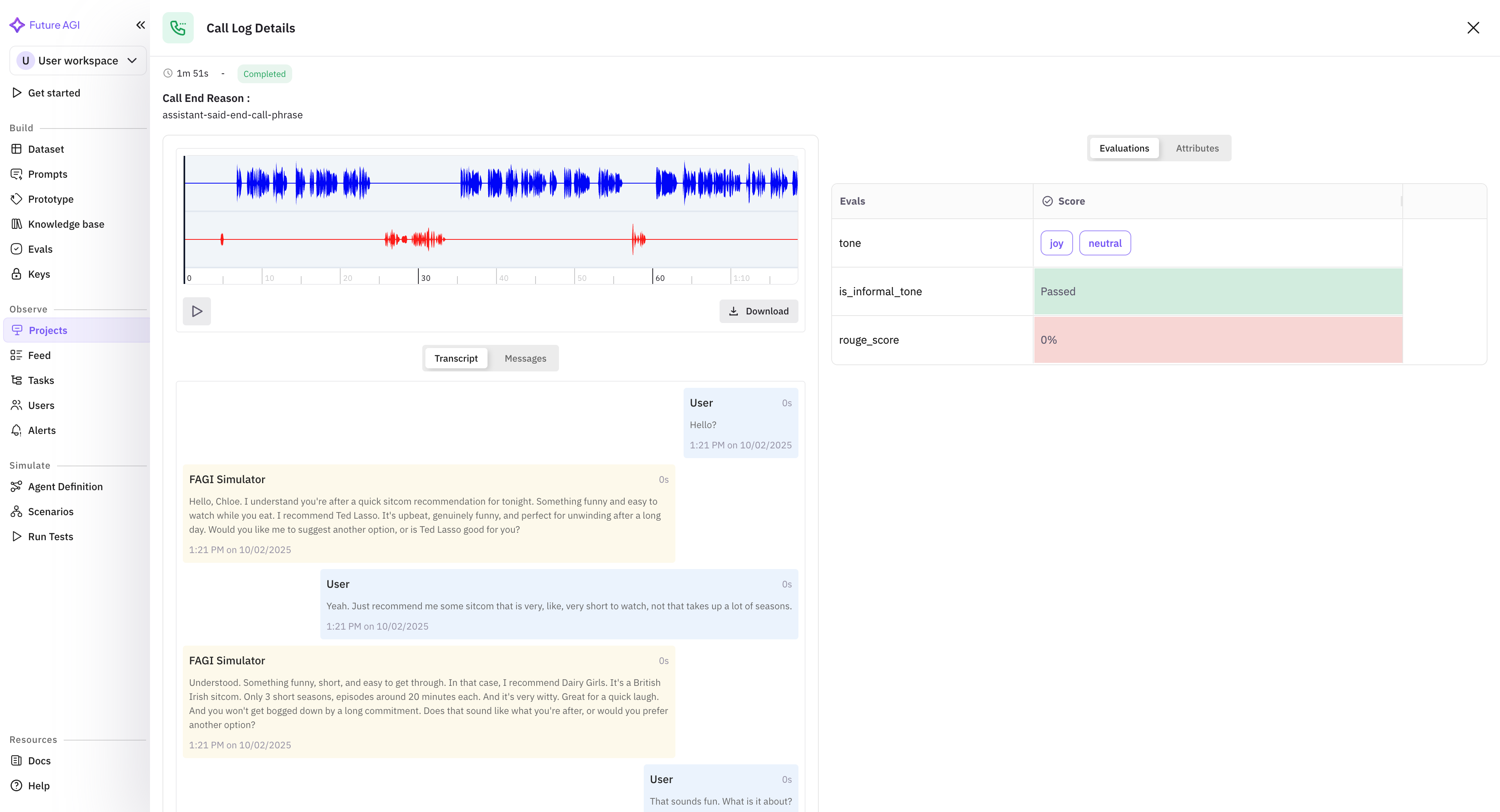 Call log detail drawer with assistant audio, customer audio, transcript, session timeline, eval panel, and tags side by side