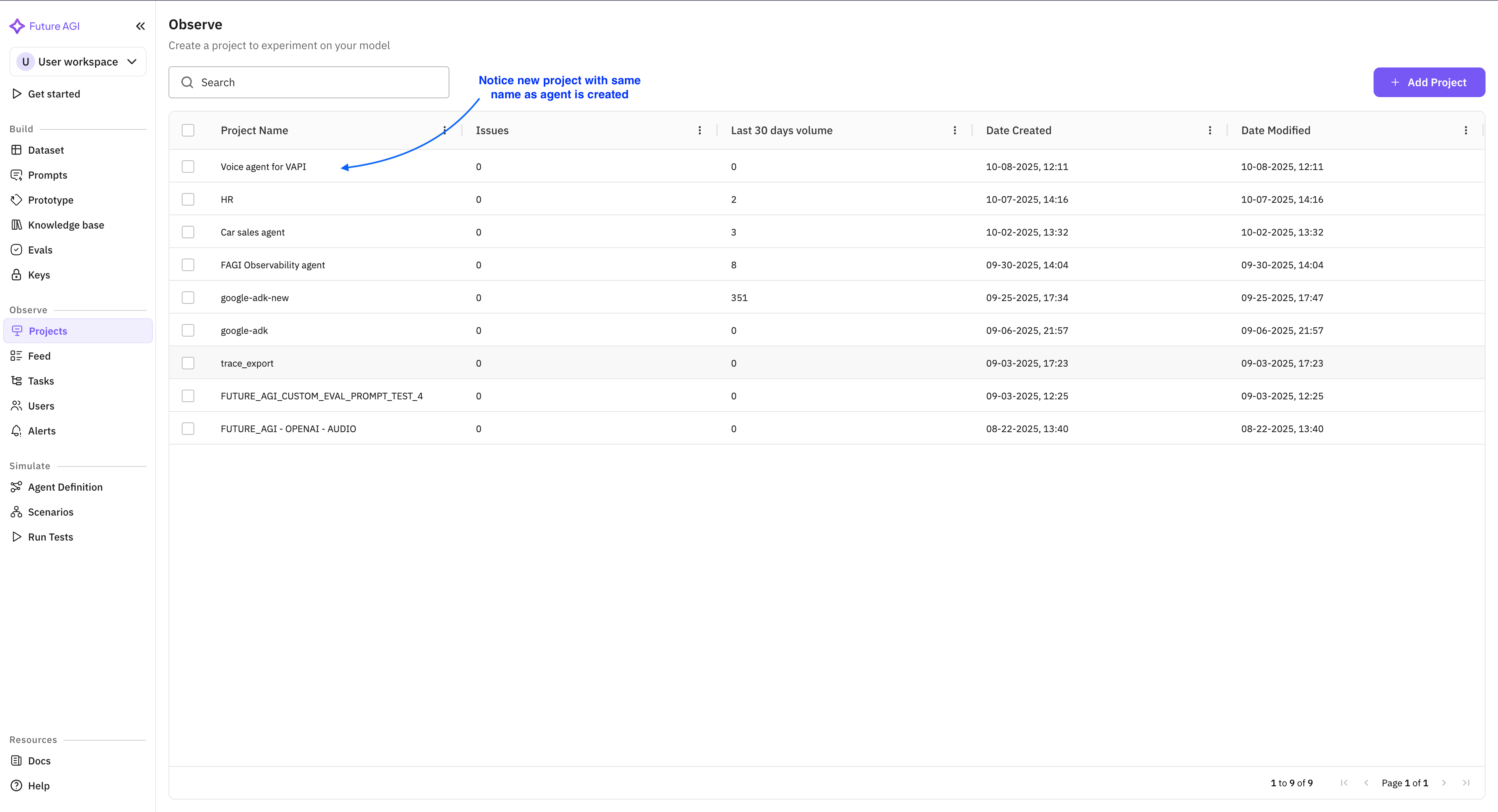FAGI project list with Observe project selected