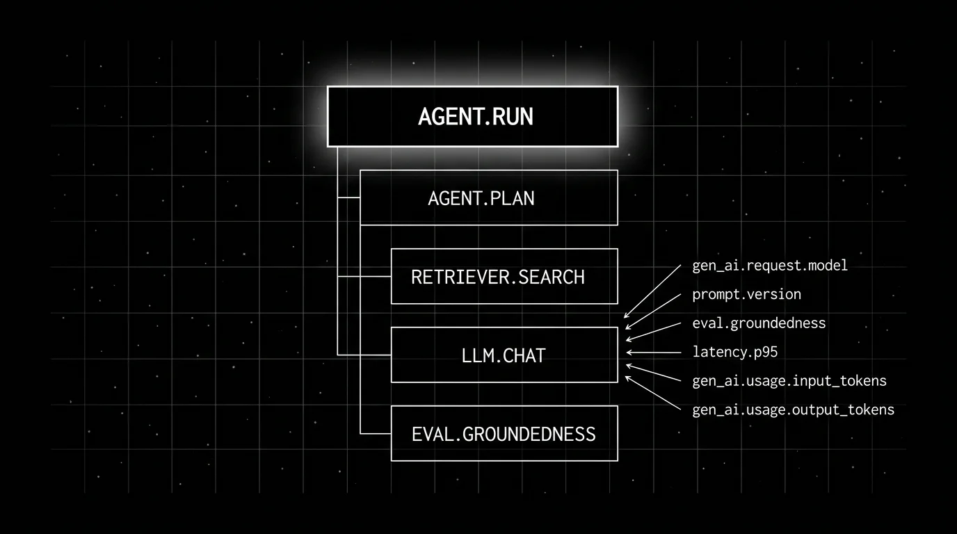 Editorial figure on a black background showing a vertical trace tree centered in the canvas. At the top, one bold root span labeled AGENT.RUN. Below it, four nested child spans labeled top to bottom: AGENT.PLAN, RETRIEVER.SEARCH, LLM.CHAT, EVAL.GROUNDEDNESS. Six thin annotation arrows point inward from the right side of the canvas toward different attributes on the LLM.CHAT span, labeled gen_ai.request.model, prompt.version, eval.groundedness, latency.p95, gen_ai.usage.input_tokens, gen_ai.usage.output_tokens. Soft white radial halo glow on the root AGENT.RUN span.