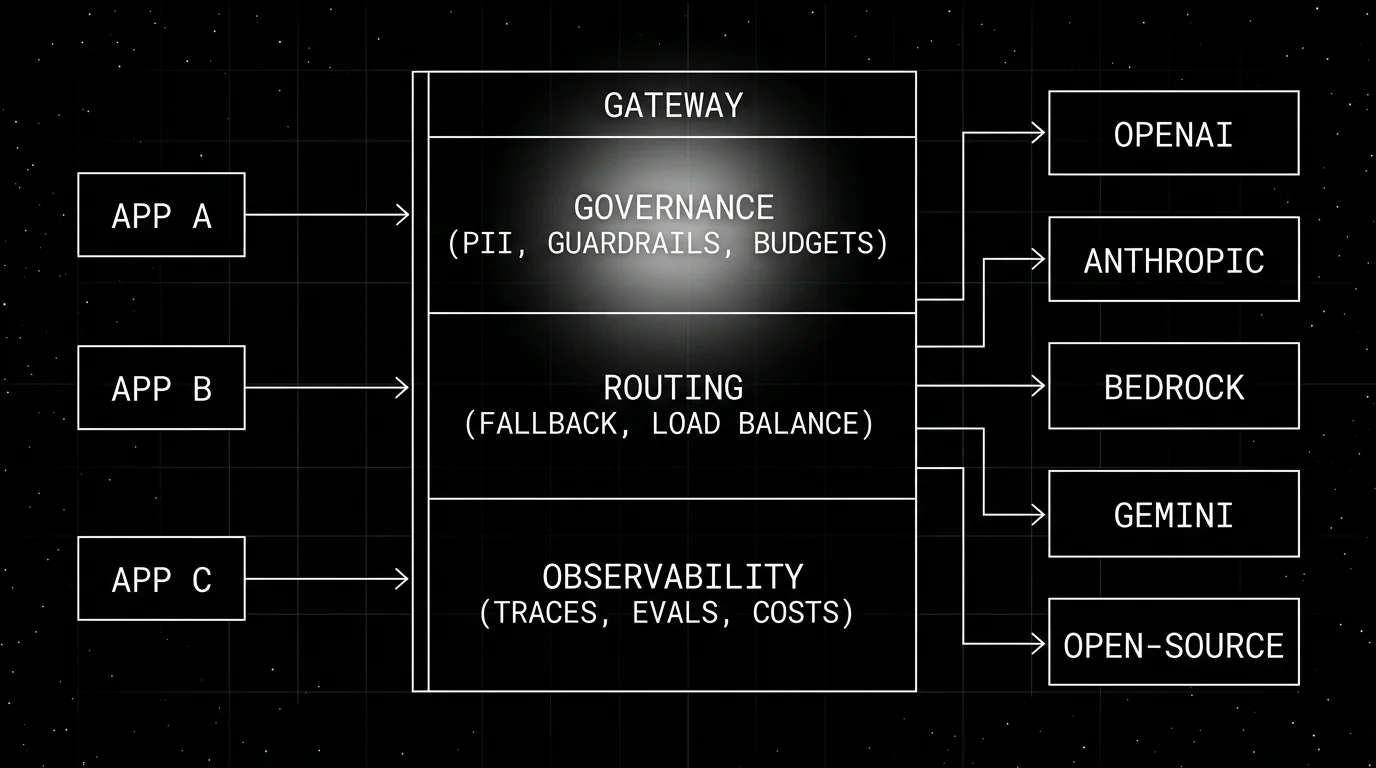 Editorial figure on a black starfield background showing the AI gateway architecture as a horizontal diagram. Three small APP boxes on the left feed rightward into a tall central GATEWAY frame divided into three vertical lanes labeled GOVERNANCE (PII, GUARDRAILS, BUDGETS), ROUTING (FALLBACK, LOAD BALANCE), OBSERVABILITY (TRACES, EVALS, COSTS). From the gateway, five outlined model-provider boxes (OPENAI, ANTHROPIC, BEDROCK, GEMINI, OPEN-SOURCE) connect rightward. The top GOVERNANCE lane carries a soft white halo glow.