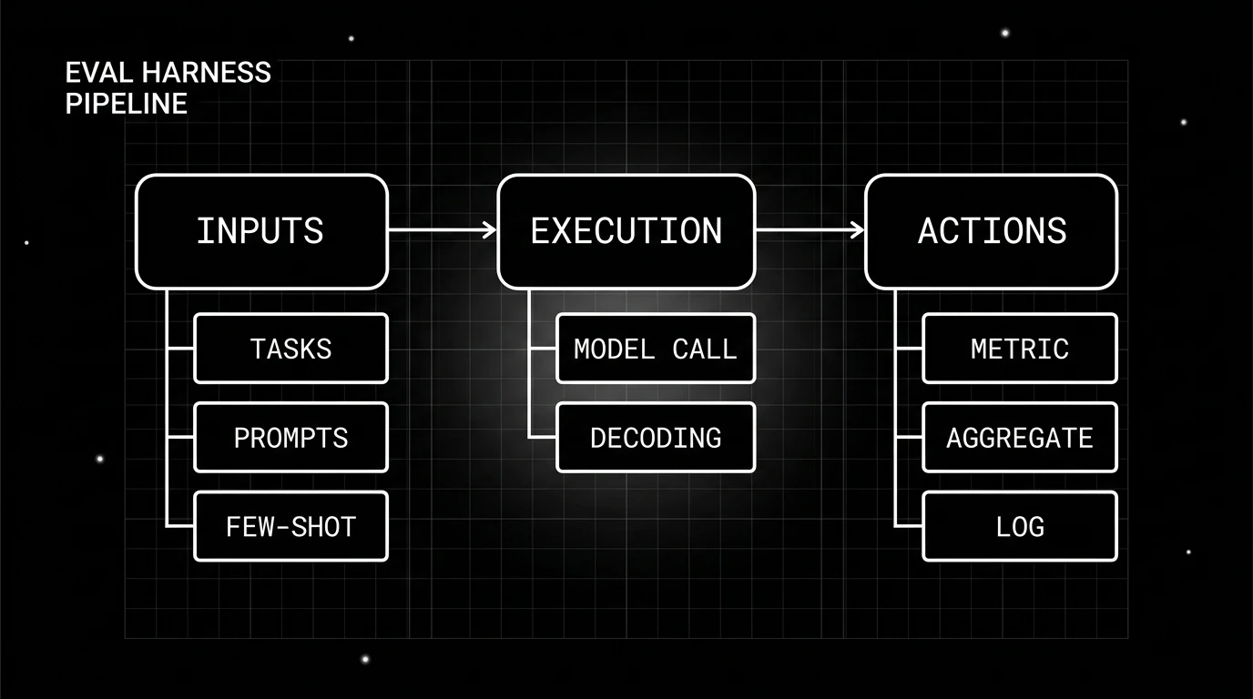 Eval harness pipeline: inputs feed execution, execution feeds actions, each stage split into its own sub-steps.