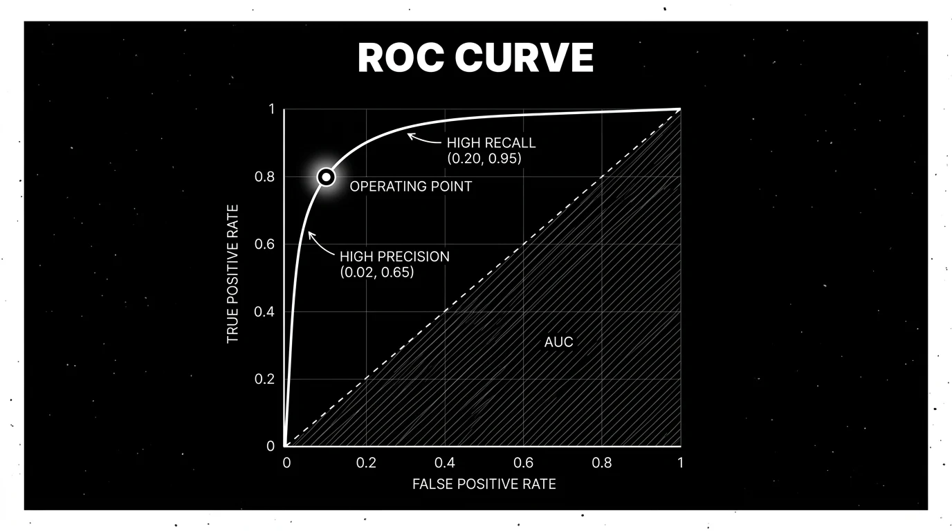 Editorial diagram on a black starfield background showing an ROC curve. The axes are labeled FALSE POSITIVE RATE on the x-axis from 0 to 1 and TRUE POSITIVE RATE on the y-axis from 0 to 1, drawn as thin white outlines on a black background. A curve sweeps from the bottom-left corner (0, 0) up to the top-right corner (1, 1) curving toward the upper-left, with a dashed diagonal reference line indicating the random-classifier baseline. A circled dot at approximately (0.05, 0.80) is labeled OPERATING POINT and carries a soft white halo glow. Two annotation arrows label two other points: HIGH RECALL (0.20, 0.95) and HIGH PRECISION (0.02, 0.65). The AUC region under the curve is lightly shaded with thin white hatch lines. Pure white outlines on pure black with faint grid background and headline ROC CURVE in white sans-serif at the top.