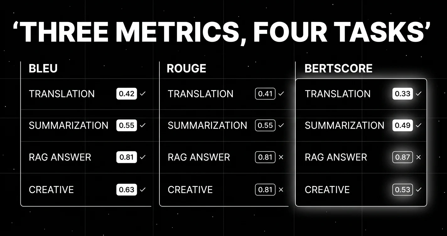 Editorial diagram on a black starfield background showing three vertical columns labeled BLEU, ROUGE, BERTSCORE in white sans-serif at the top of each column. Each column contains four worked-example rows: TRANSLATION, SUMMARIZATION, RAG ANSWER, CREATIVE, with small score badges next to each row showing the metric value (0.42, 0.55, 0.81 etc) and a tiny green check or red x indicating whether the metric correlates with human judgment for that task. The BERTSCORE column has a soft white halo glow indicating it correlates best on average. Pure white outlines on pure black with faint grid background and headline THREE METRICS, FOUR TASKS in white sans-serif at the top.