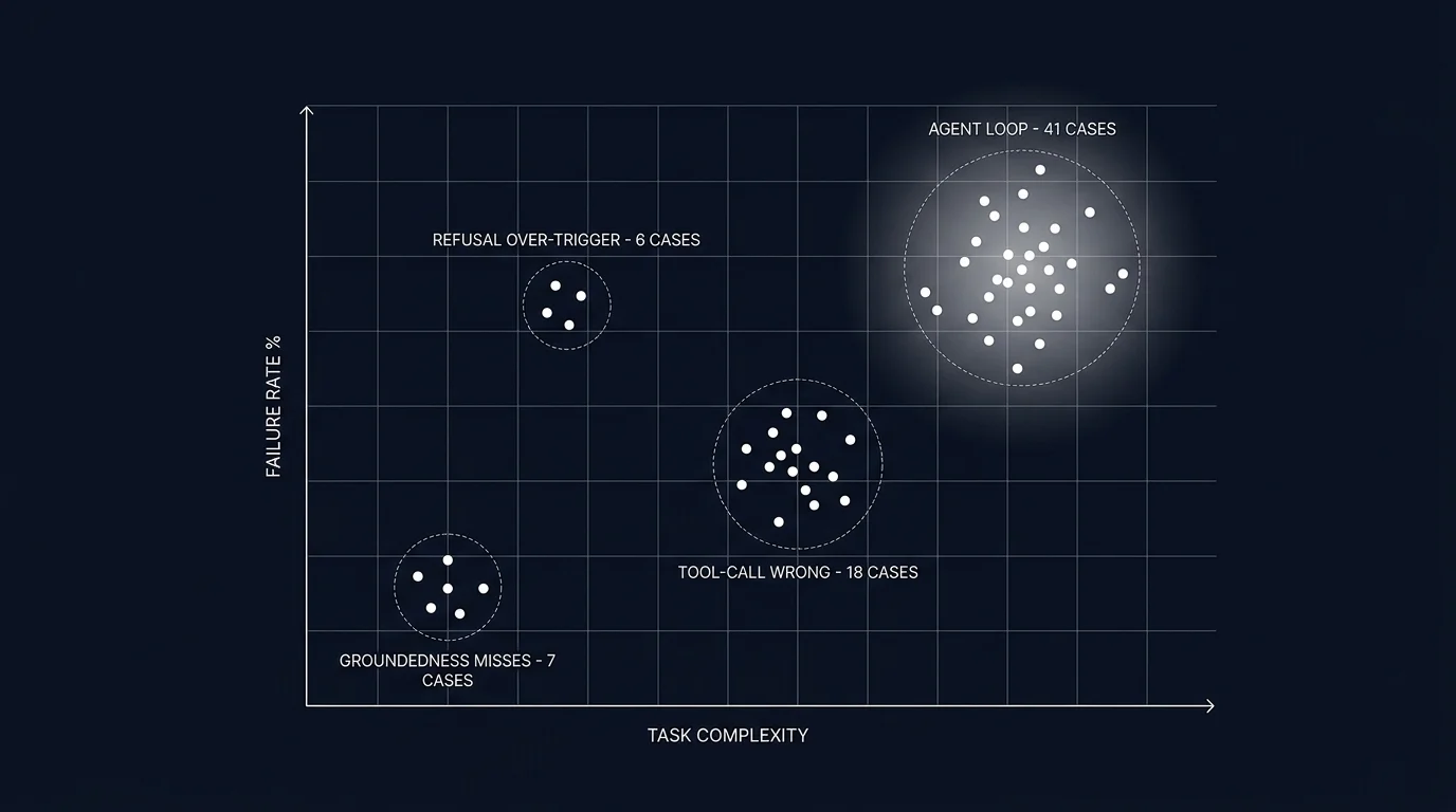 Editorial figure on a black background showing a 2D scatter plot with thin white axes labeled TASK COMPLEXITY (x) and FAILURE RATE % (y). About 60 small dots cluster into four groups: a small cluster in the lower-left labeled groundedness misses, a medium cluster center-right labeled tool-call wrong, a small cluster upper-left labeled refusal over-trigger, and a large cluster in the upper-right labeled AGENT LOOP - 41 cases. The largest cluster is encircled with a thin dashed outline and has a soft white halo glow.