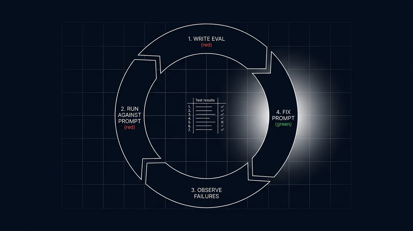 Editorial figure on a black background showing the eval-driven development cycle as a clockwise circle with four arrow-connected stages: 1. WRITE EVAL (red), 2. RUN AGAINST PROMPT (red), 3. OBSERVE FAILURES, 4. FIX PROMPT (green). Inside the circle a small ledger of test results. The FIX PROMPT stage at the right has a soft white halo glow.