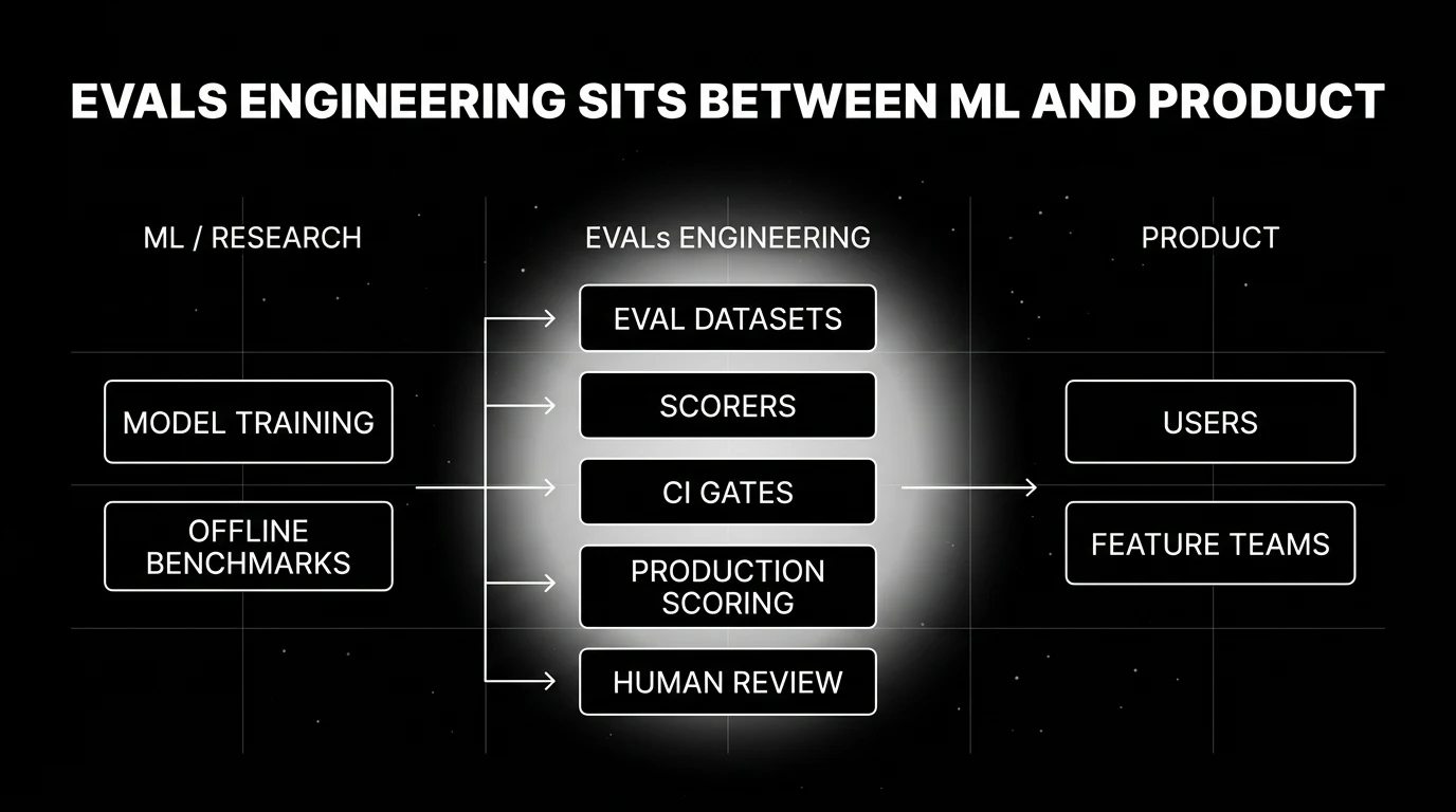 Editorial diagram on a black starfield background showing the evals engineering position. A horizontal layout with three columns. Left column labeled ML / RESEARCH containing two stacked nodes MODEL TRAINING and OFFLINE BENCHMARKS. Right column labeled PRODUCT containing two stacked nodes USERS and FEATURE TEAMS. Middle column labeled EVALS ENGINEERING containing five stacked nodes EVAL DATASETS, SCORERS, CI GATES, PRODUCTION SCORING, HUMAN REVIEW with a soft white halo glow on the middle column. Thin white arrows flow from ML to EVALS ENGINEERING and from EVALS ENGINEERING to PRODUCT, with a bidirectional thin arrow between PRODUCT and EVALS ENGINEERING showing user feedback flowing back. Pure white outlines on pure black with faint grid background and headline EVALS ENGINEERING SITS BETWEEN ML AND PRODUCT in white sans-serif at the top.