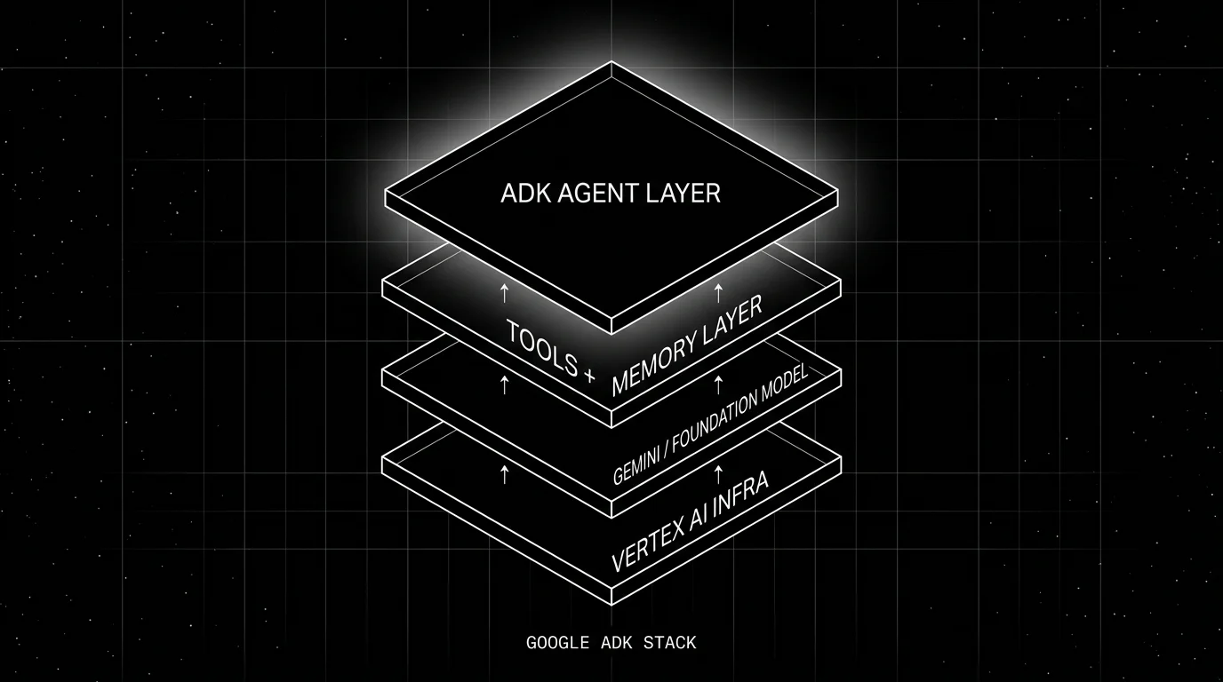 Editorial figure on a black starfield background showing the Google ADK stack as four vertical wireframe slabs from bottom to top: VERTEX AI INFRA, GEMINI FOUNDATION MODEL, TOOLS AND MEMORY LAYER, ADK AGENT LAYER. The top ADK slab carries a soft white halo glow. Tiny upward arrows connect each slab to the next.